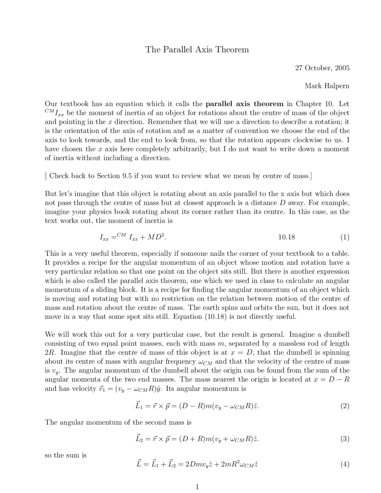The Parallel Axis Theorem: Moment of Inertia and Angular Momentum of ...