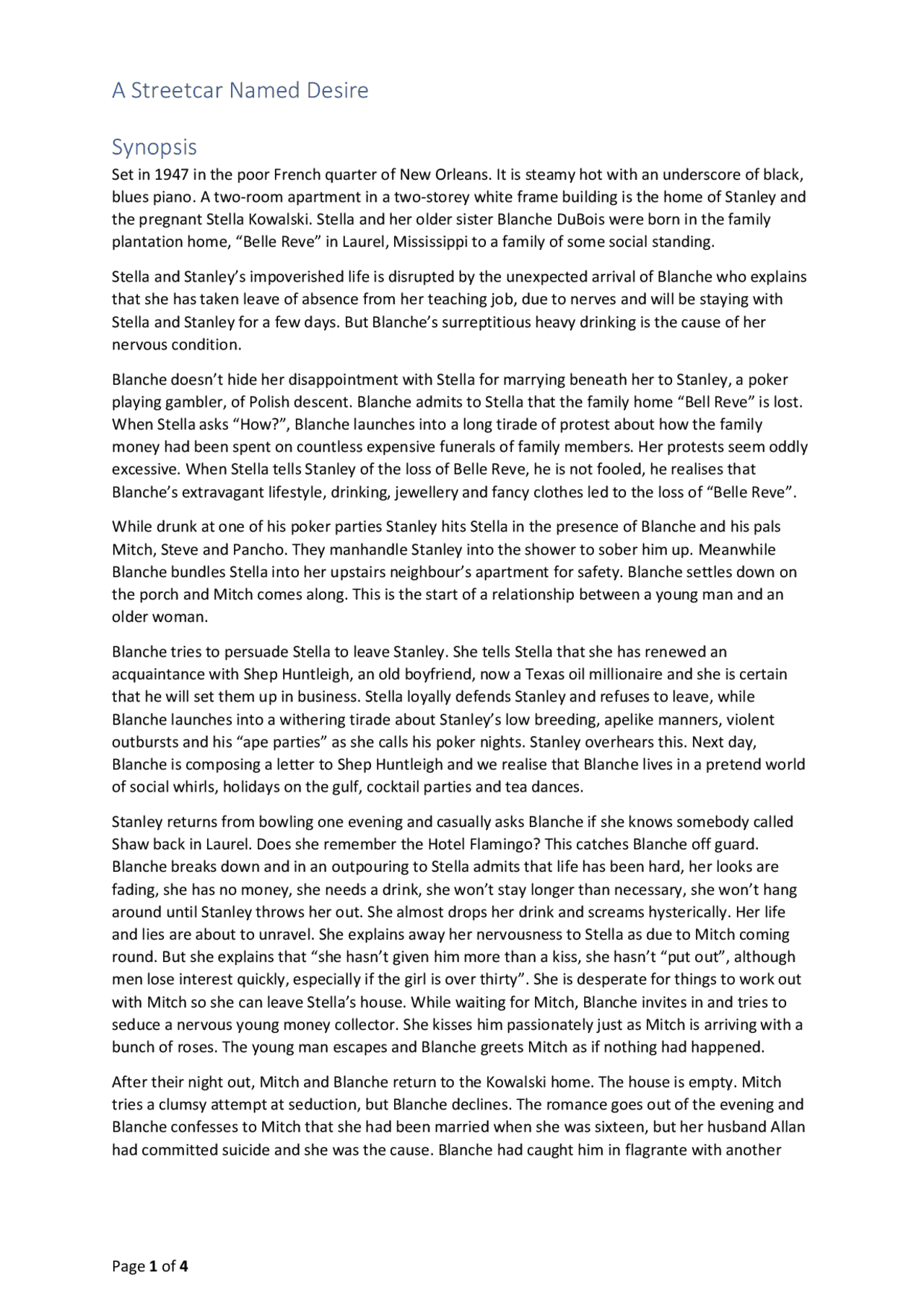 Synopsis Of A Streetcar Named Desire A Streetcar Named Desire Synopsis | Lecture notes French | Docsity