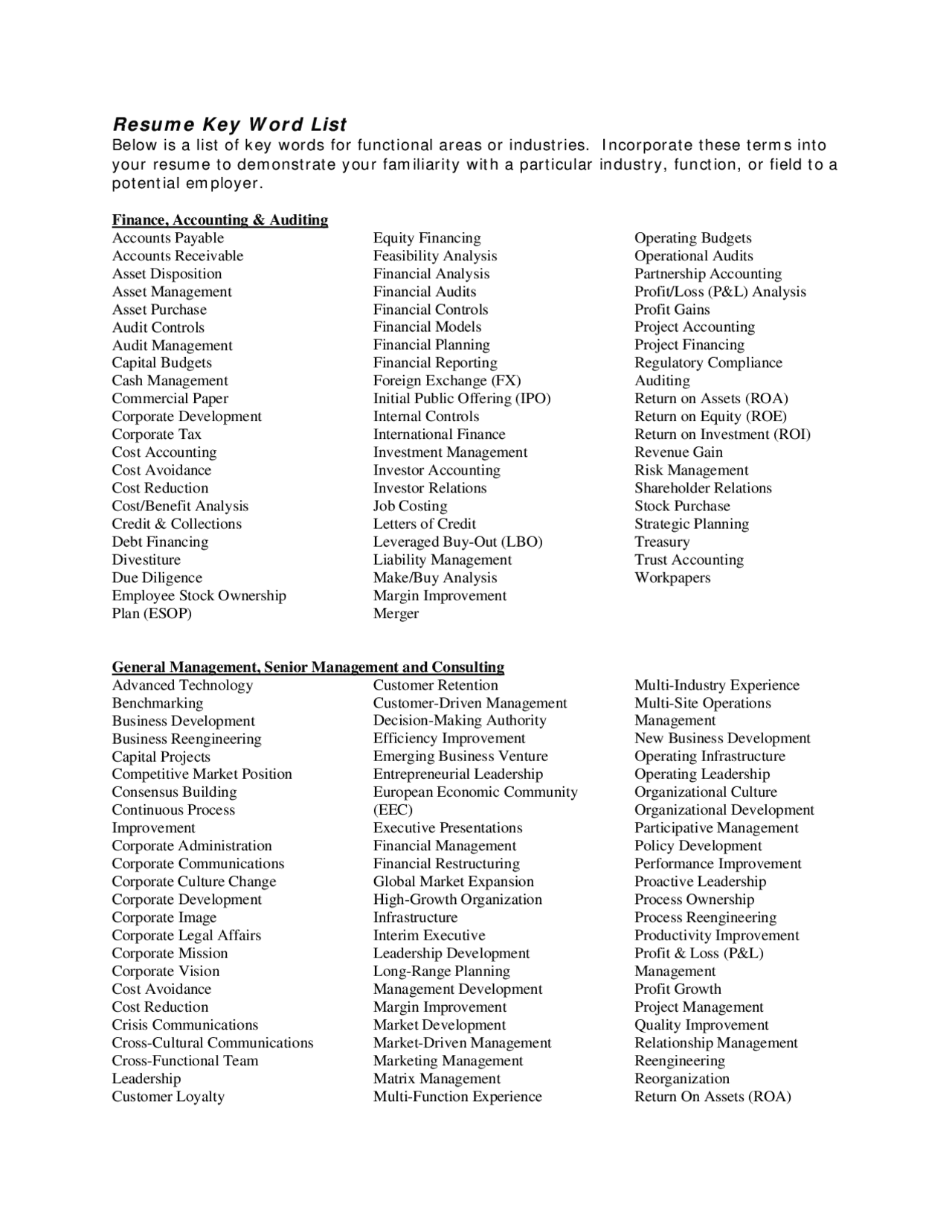 Resume Key Word List | Slides Business - Docsity