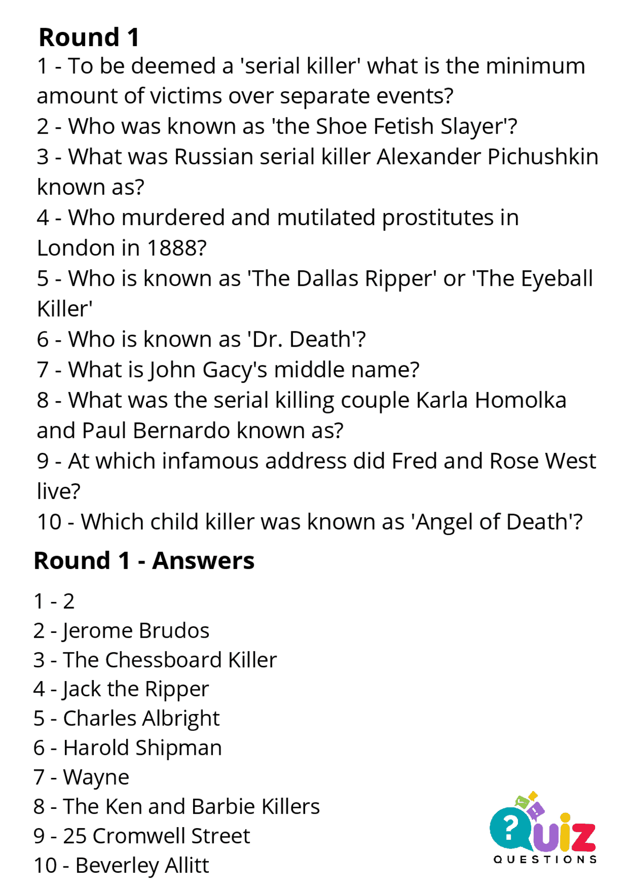 Serial Killers Quiz And Answers at Donna Casas blog