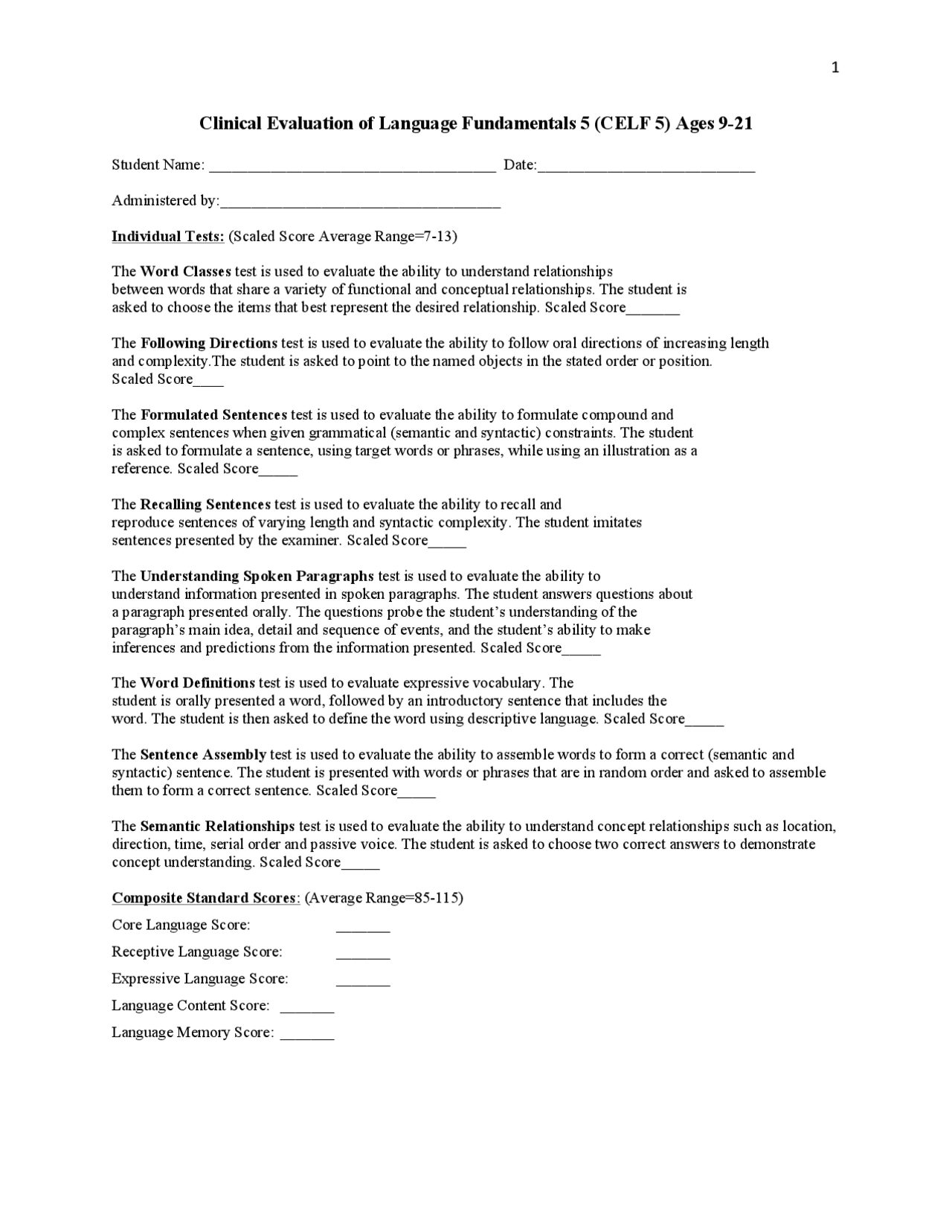 Celf Notes Clinical Evaluation of Language Fundamentals 5 (CELF 5 ... | Lecture ...