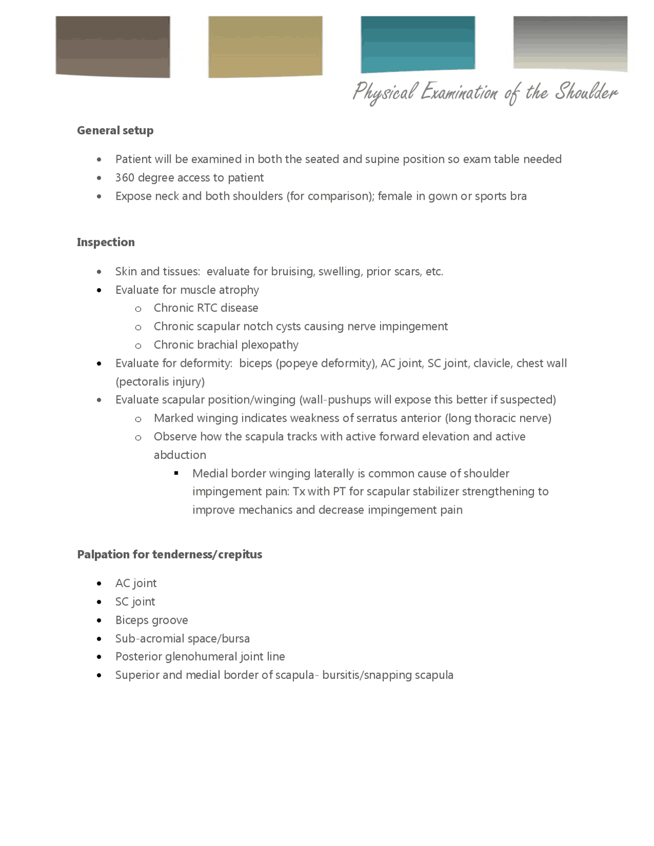 Normal Shoulder Exam Note Example Physical Examination of the Shoulder | Study notes Mechanics | Docsity