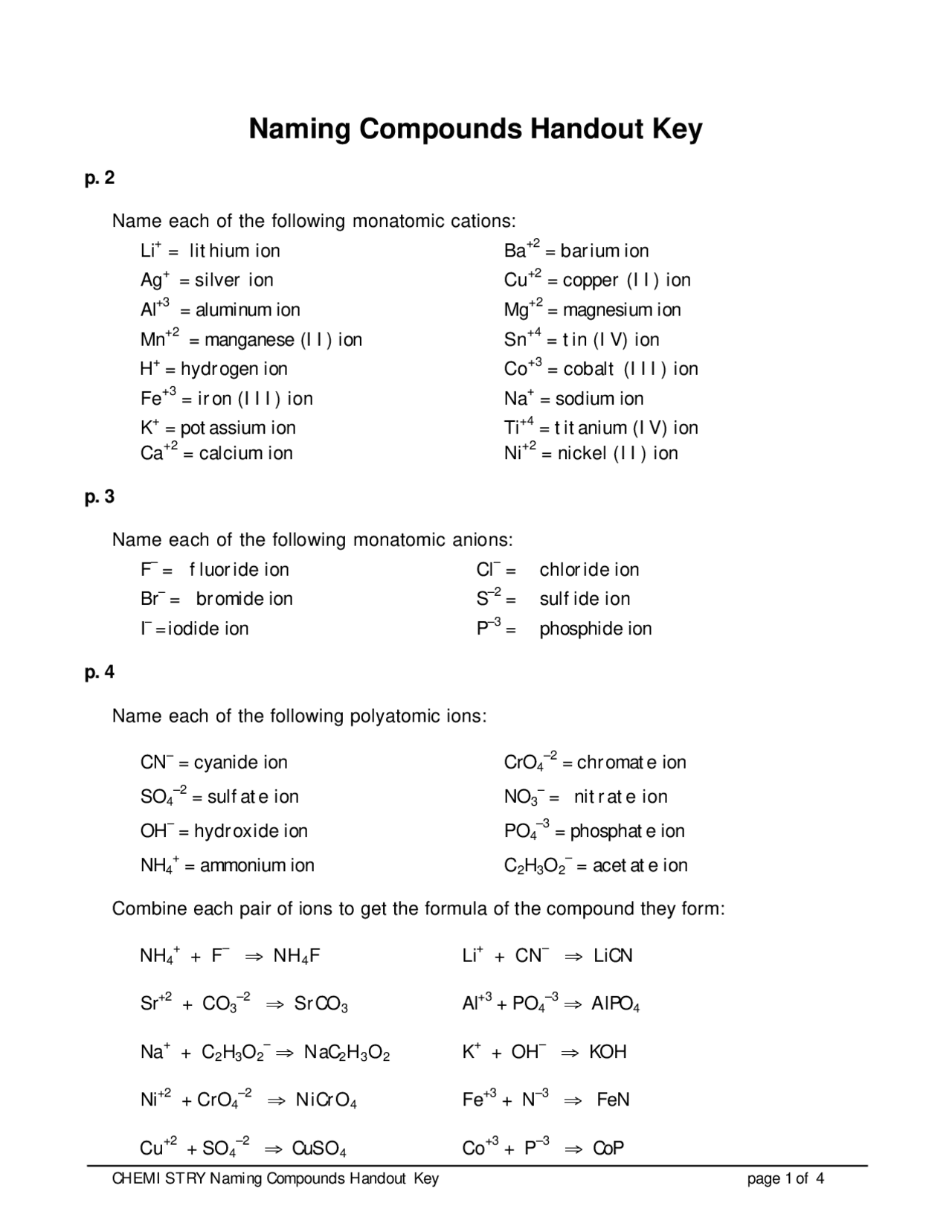 Naming Compounds Handout Answers