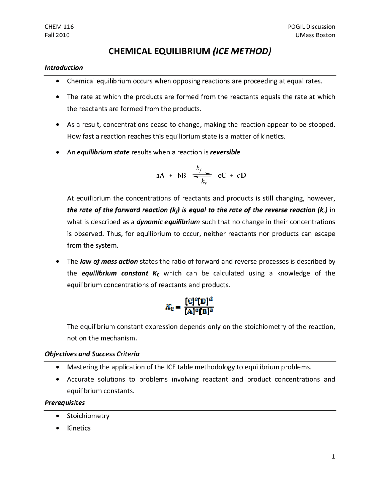 CHEMICAL EQUILIBRIUM (ICE METHOD) | Lecture notes Chemistry | Docsity