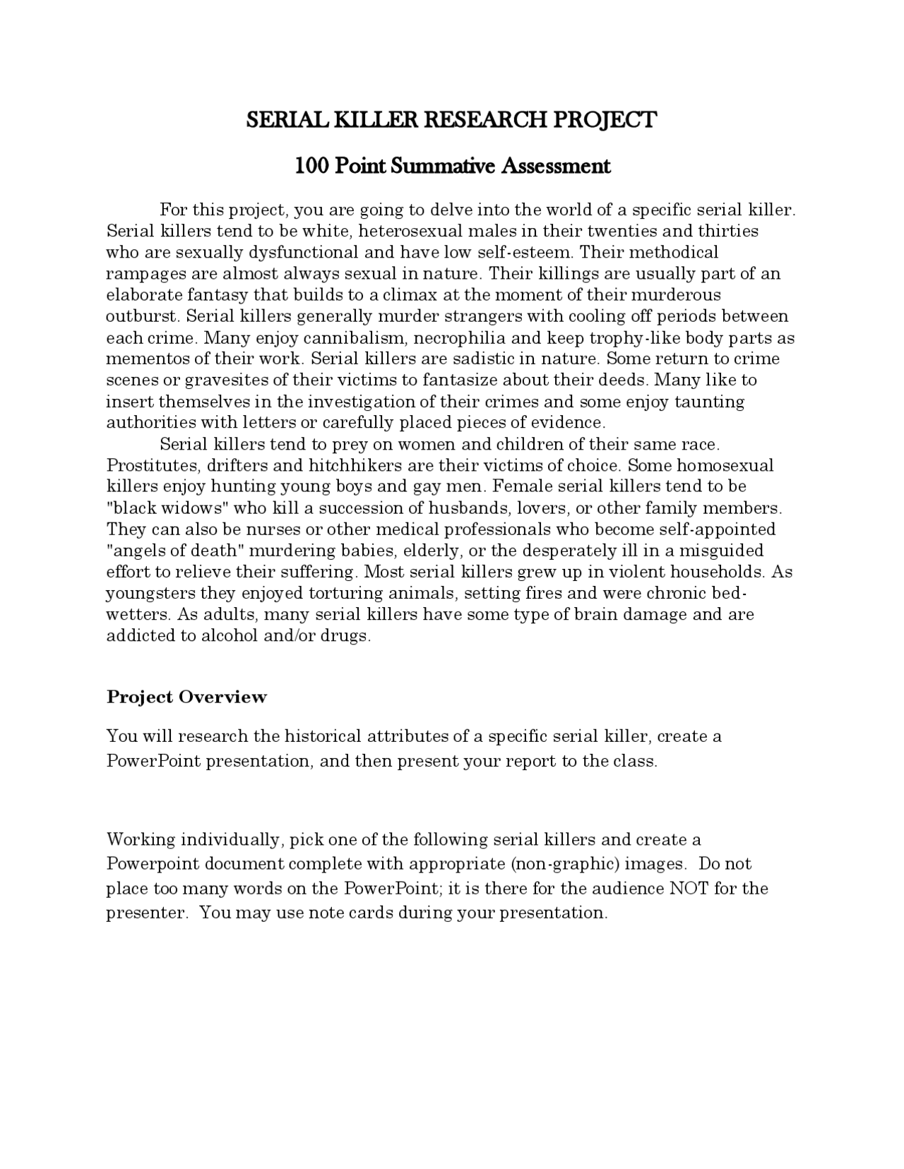 SERIAL KILLER RESEARCH PROJECT 100 Point Summative ... | Lecture notes ...
