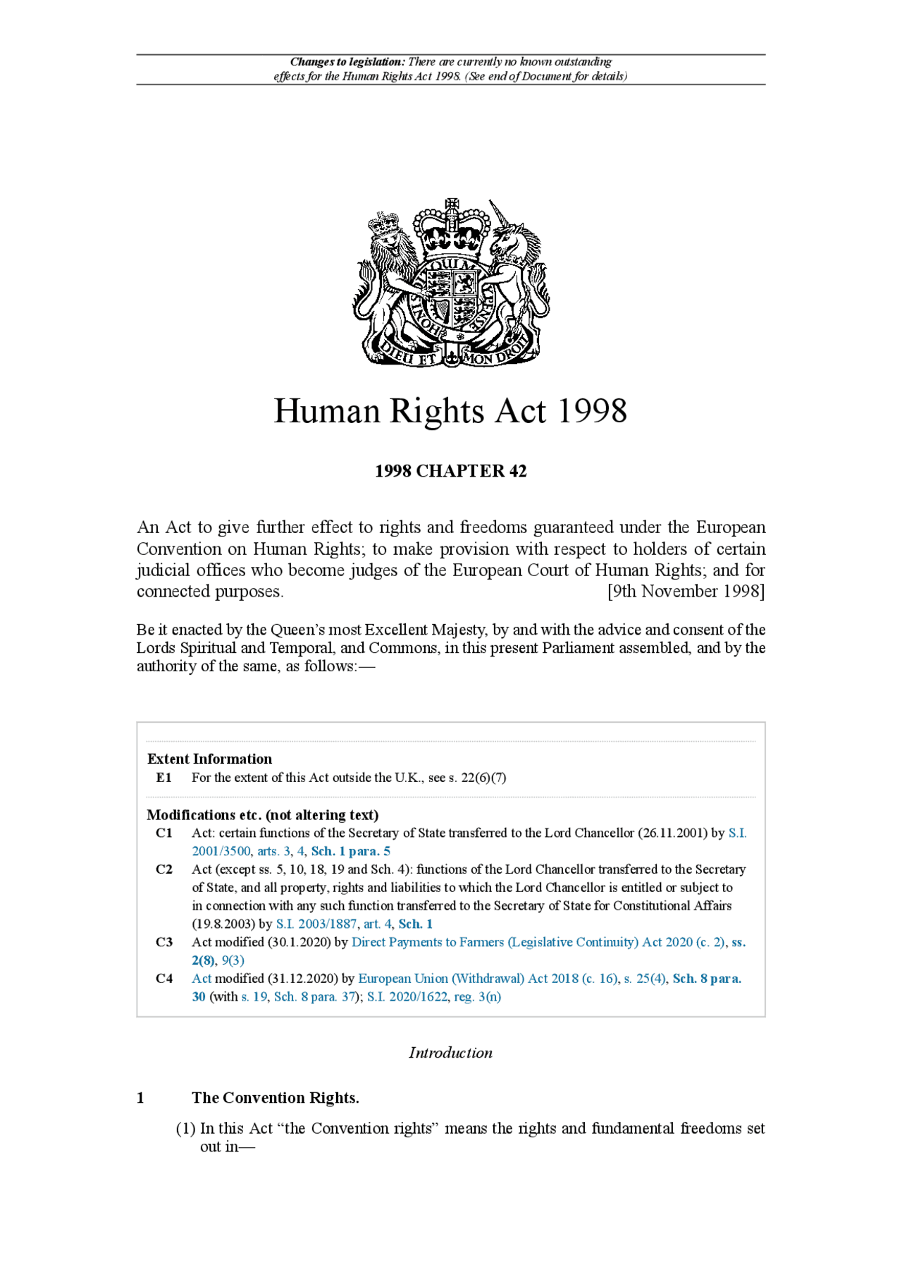 Human Rights Act 1998 | Exams Human Rights | Docsity