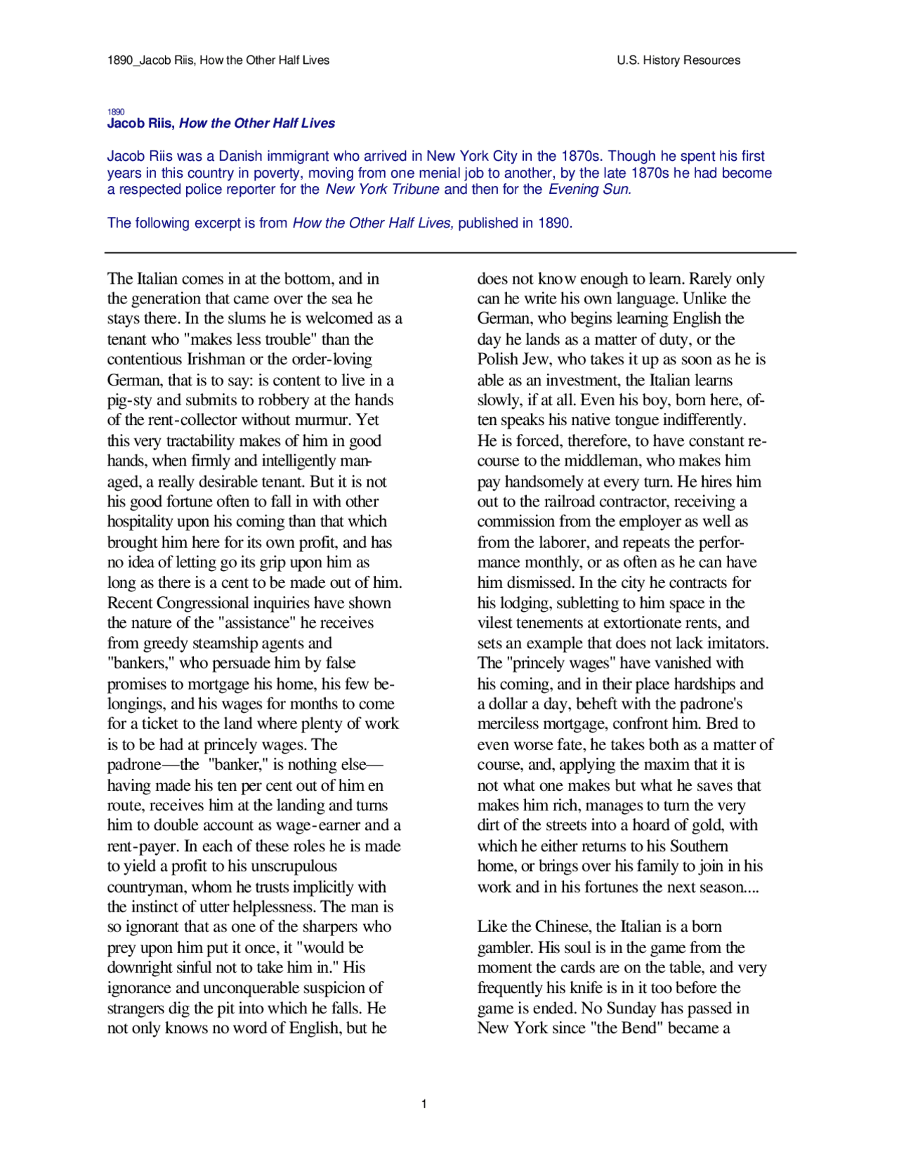 How the Other Half Lives: The Italian Immigrant Experience in New York ...
