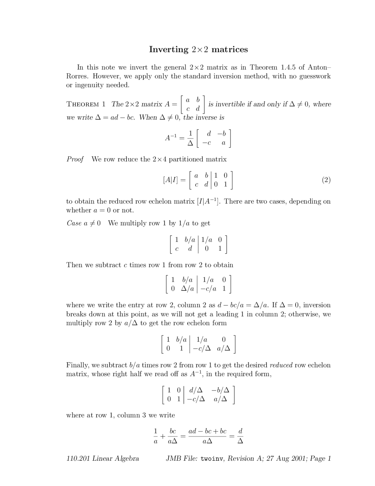 Inverting Matrcies Inverting 2×2 matrices | Study notes Linear Algebra | Docsity