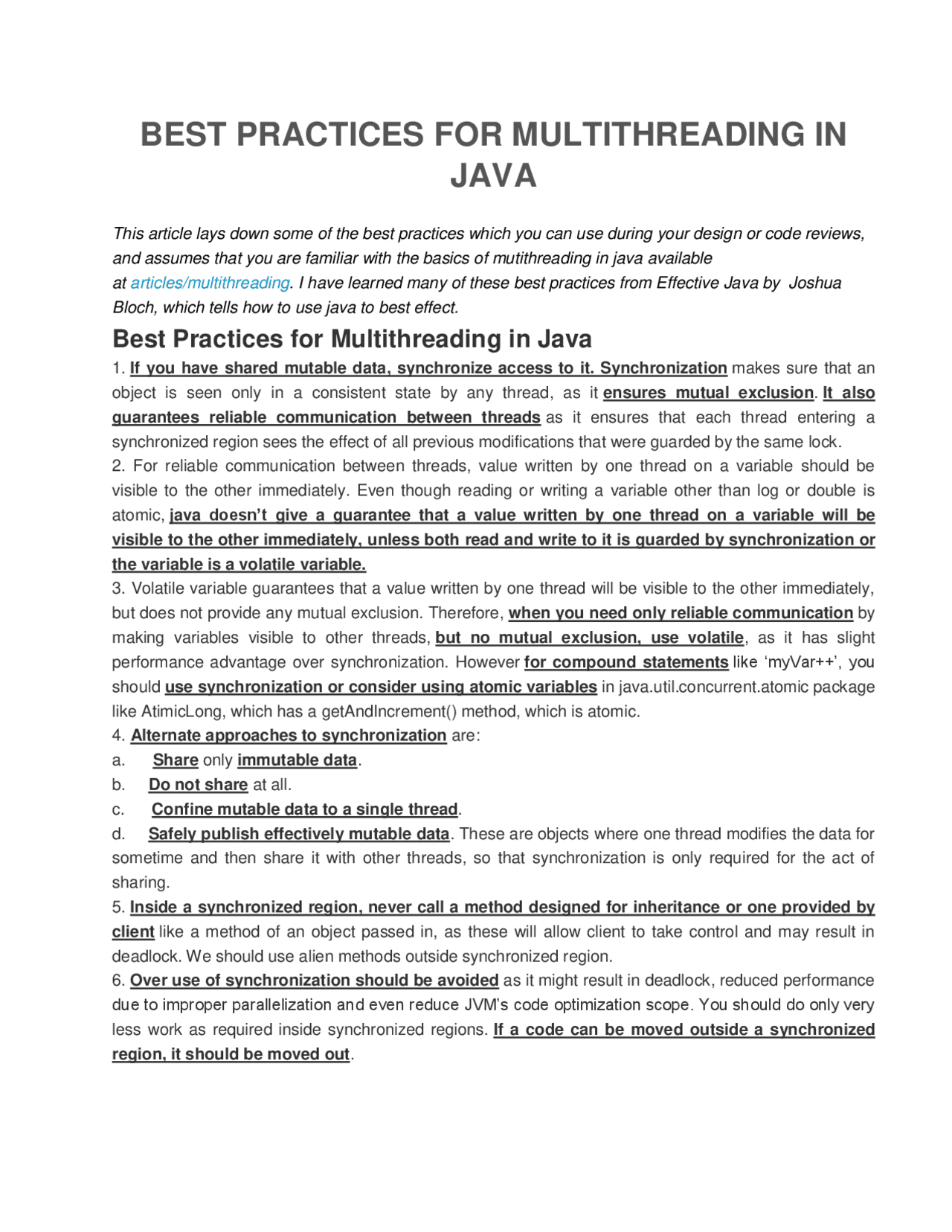 BEST PRACTICES FOR MULTITHREADING IN JAVA | Lecture notes Design | Docsity