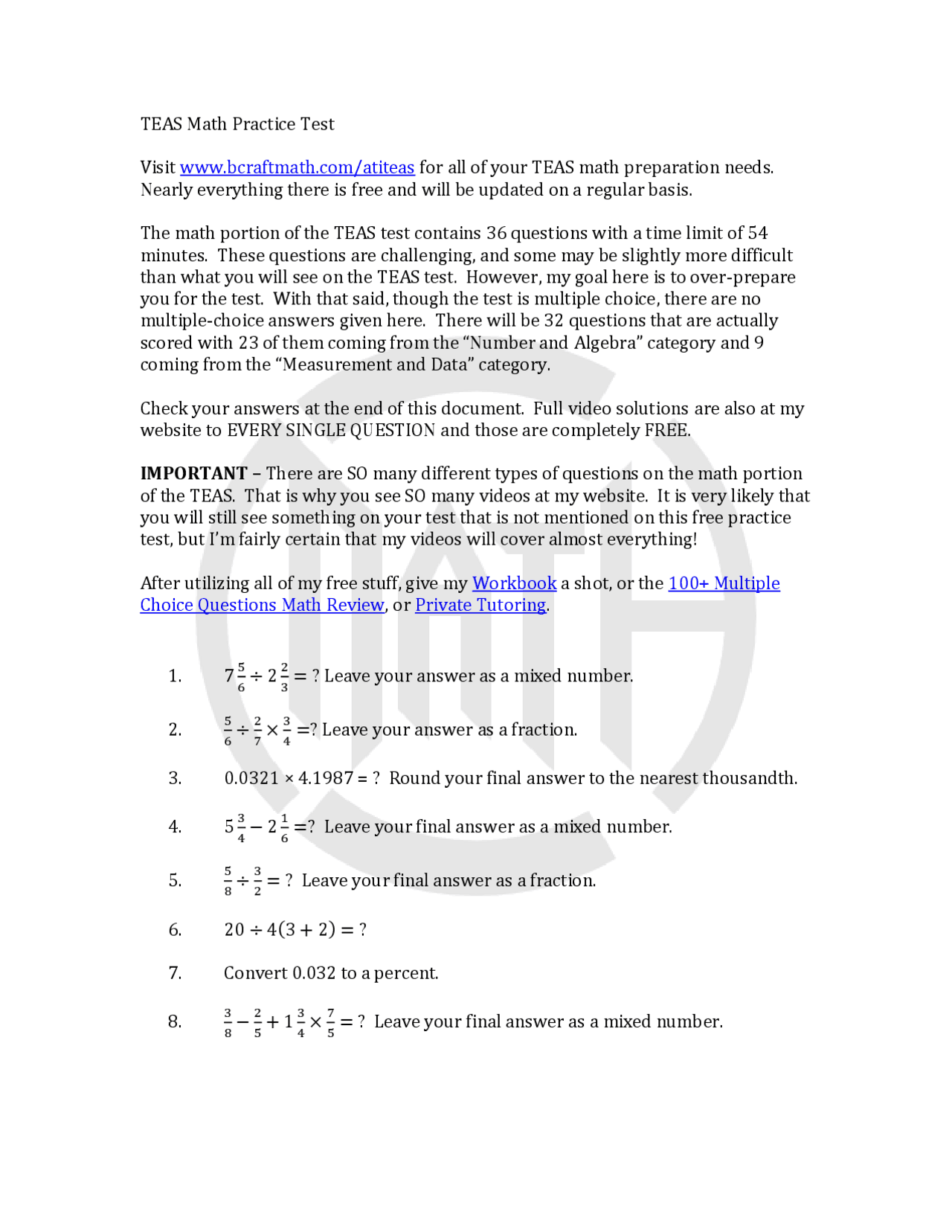 TEAS Math Practice test | Schemes and Mind Maps Algebra - Docsity
