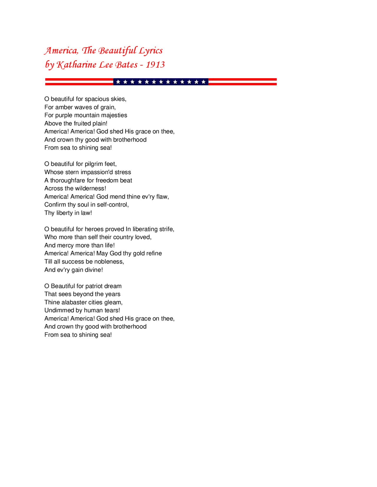 America, The Beautiful Lyrics by Katharine Lee Bates Study Guides