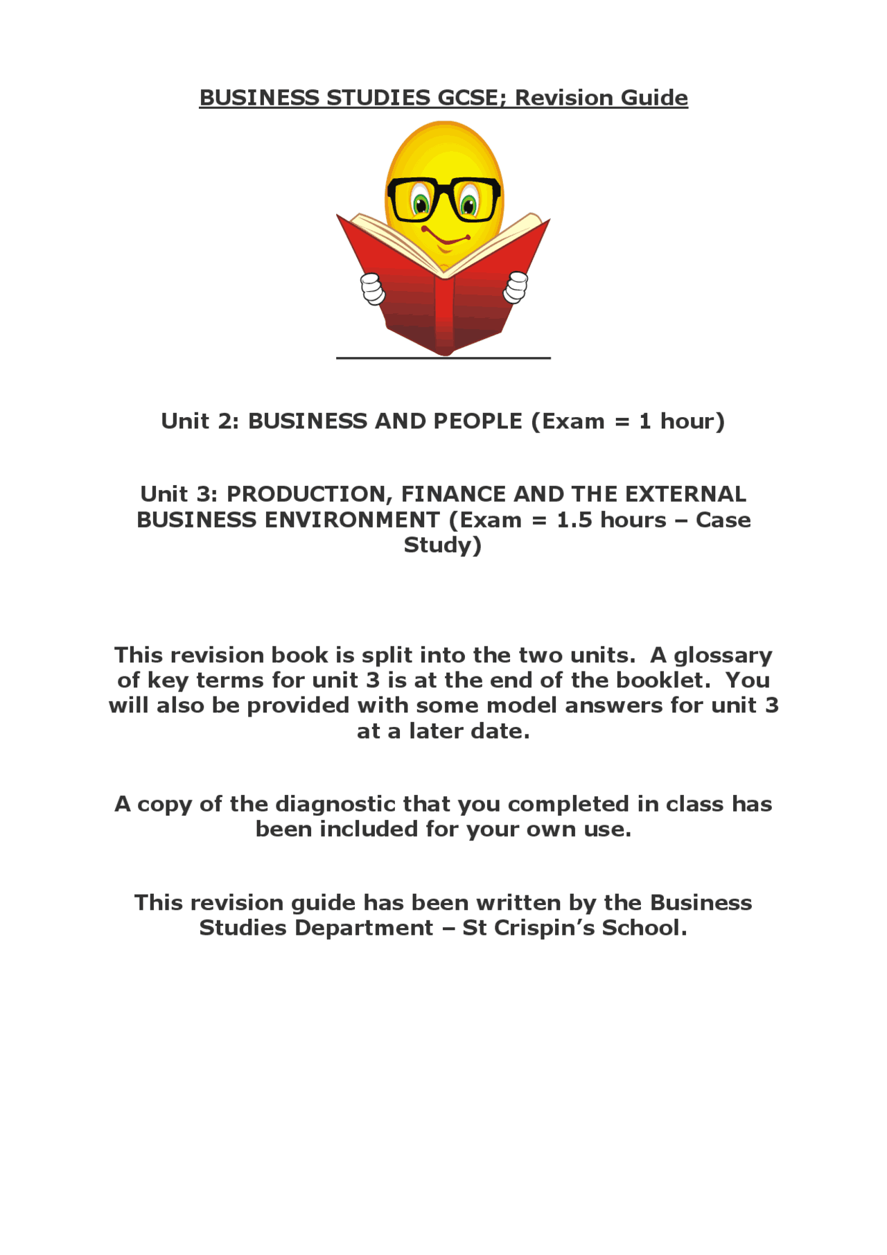 BUSINESS STUDIES GCSE; Revision Guide Unit 2 | Lecture notes Business ...