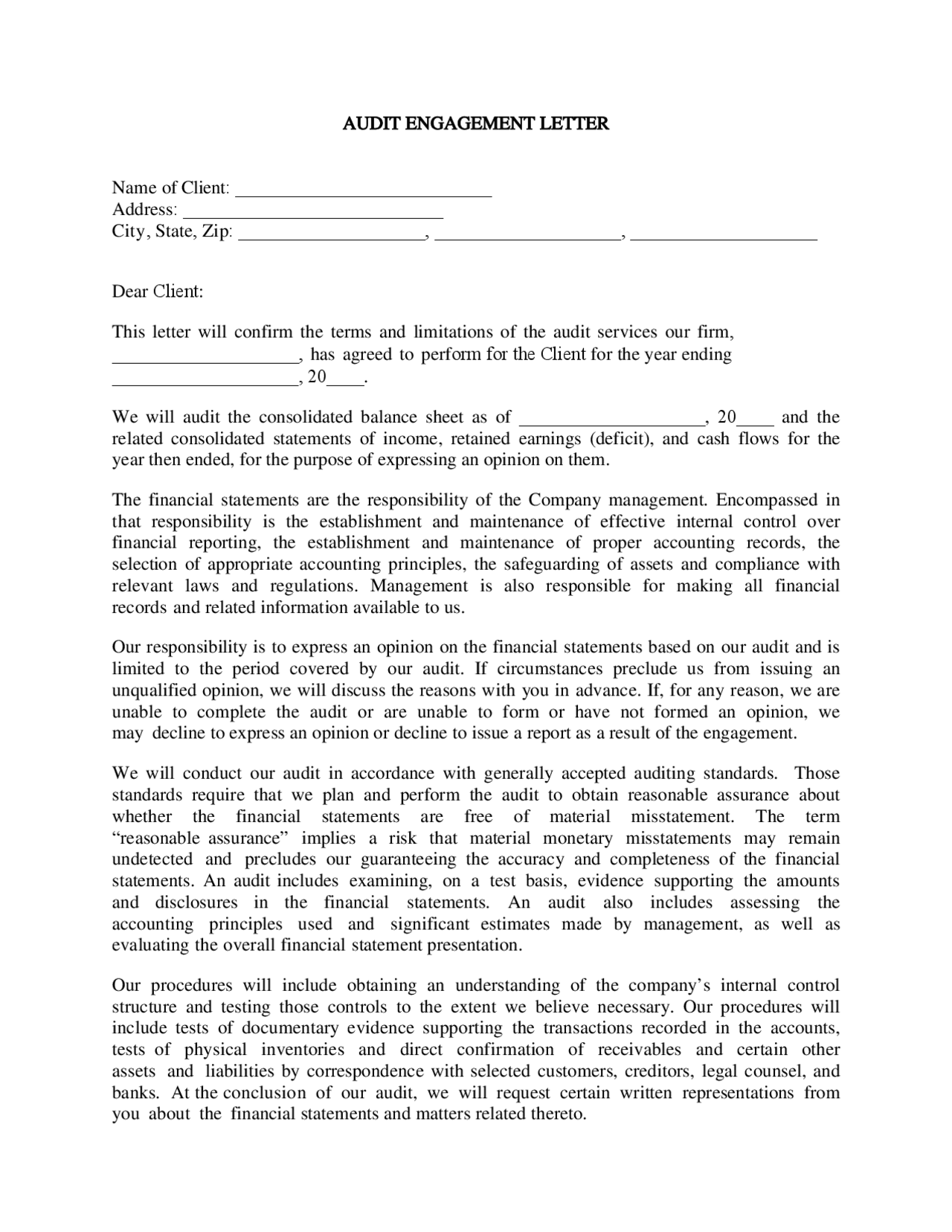 Audit Letter Example Audit Engagement Letter Sample 1 | Lecture notes Accounting | Docsity