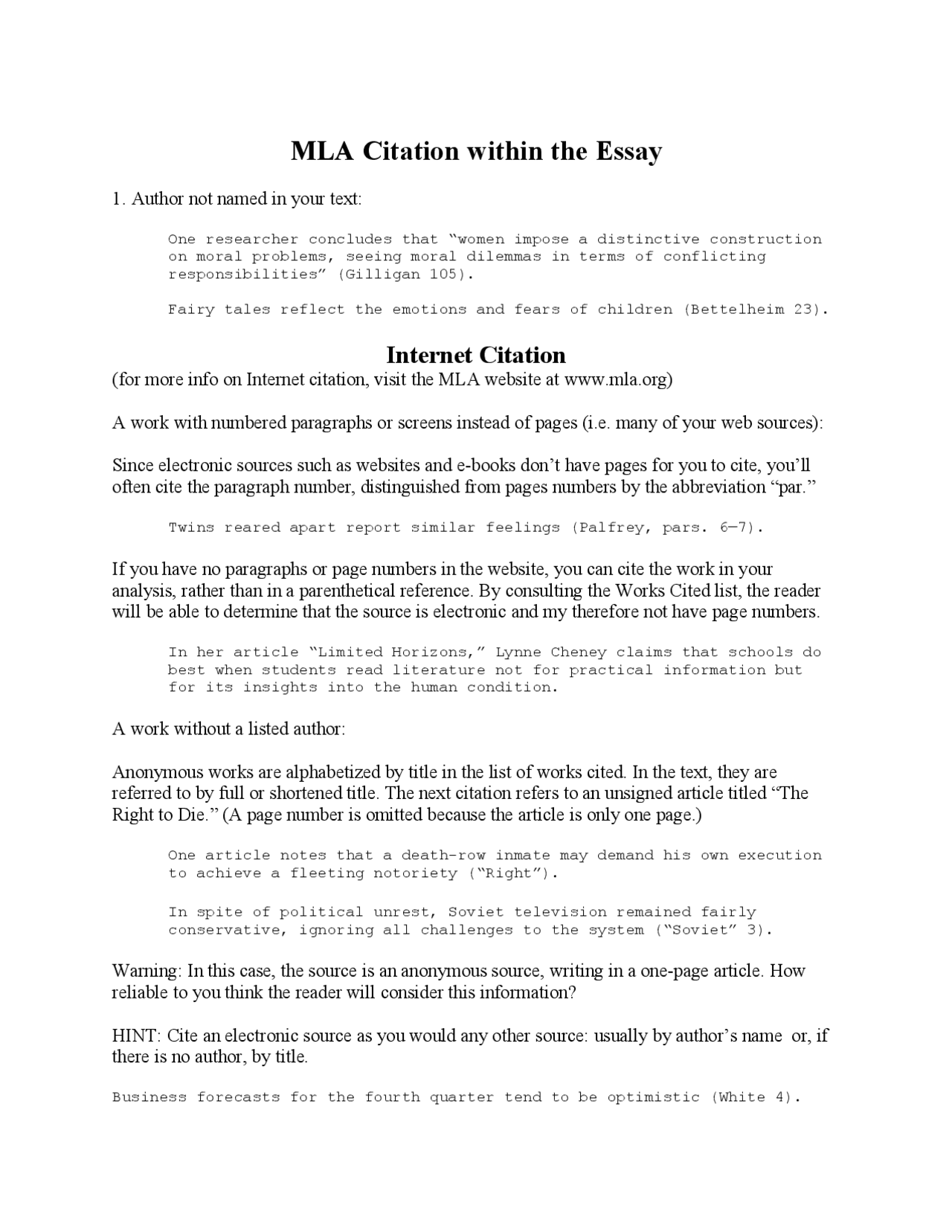 MLA Citation within the Essay | Study notes Construction | Docsity