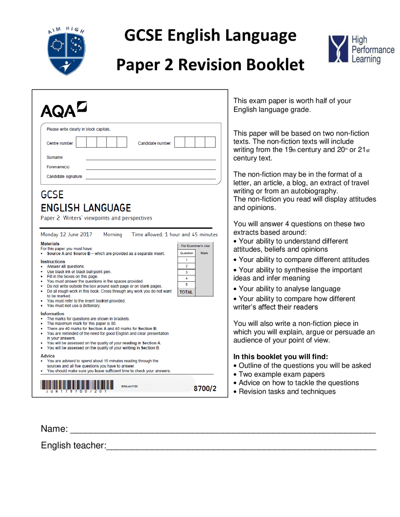 GCSE English Language Paper 2 Revision Booklet | Slides English ...