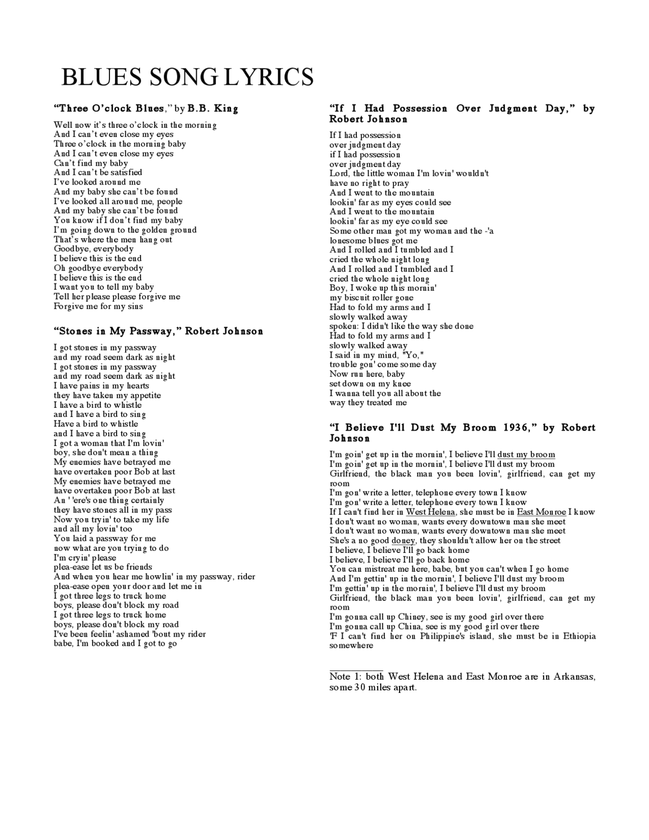 Blues Script BLUES SONG LYRICS | Lecture notes Piano | Docsity