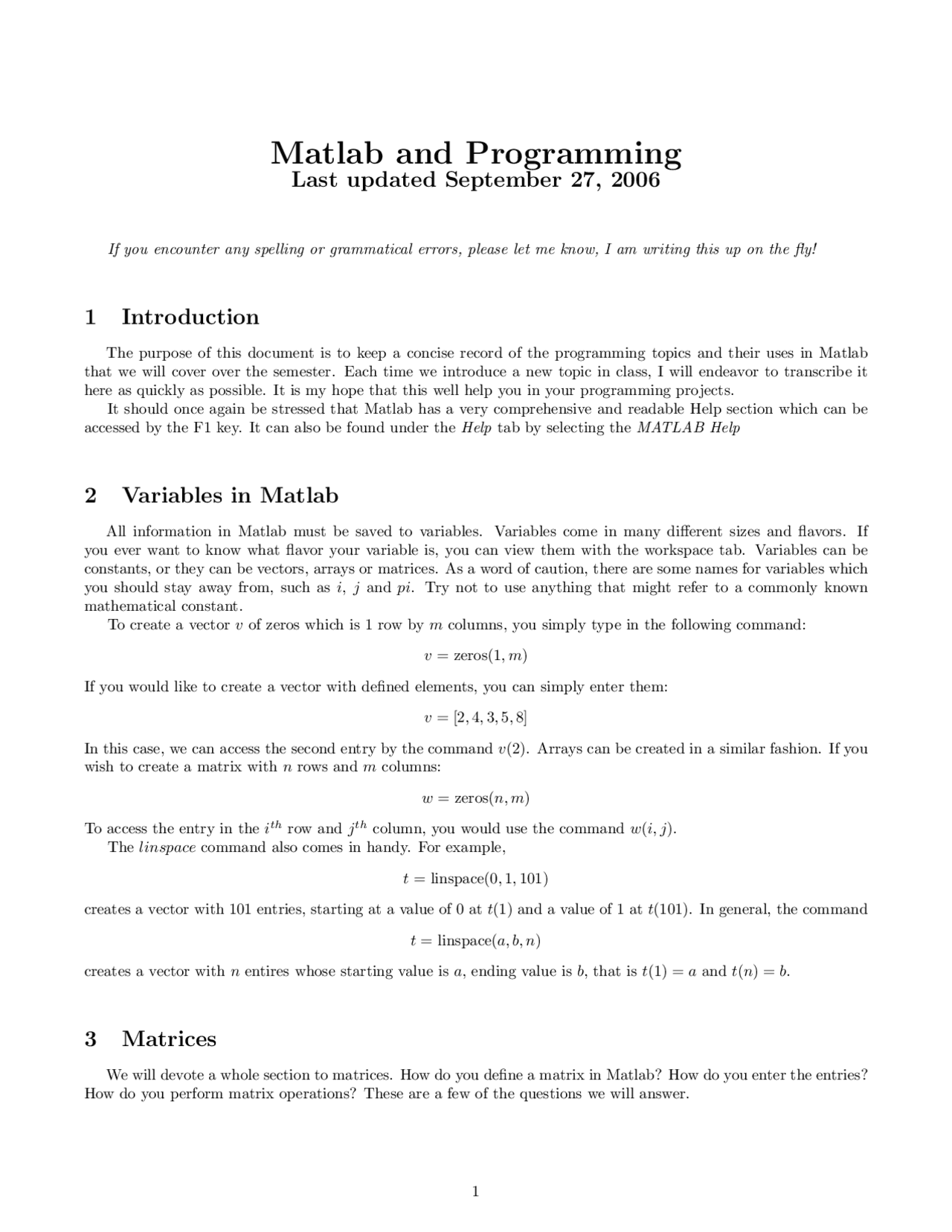 Matlab and Programming | Lecture notes Matlab skills | Docsity