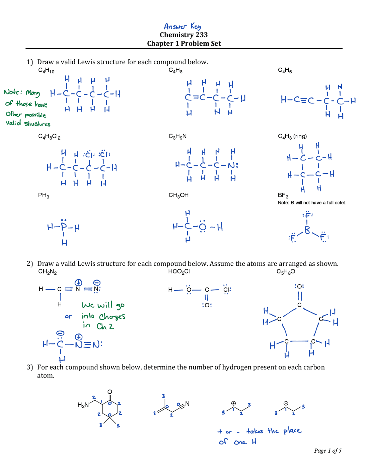 Chemistry 233 Chapter 1 Problem Set 1) Draw a valid Lewis ... | Lecture ...