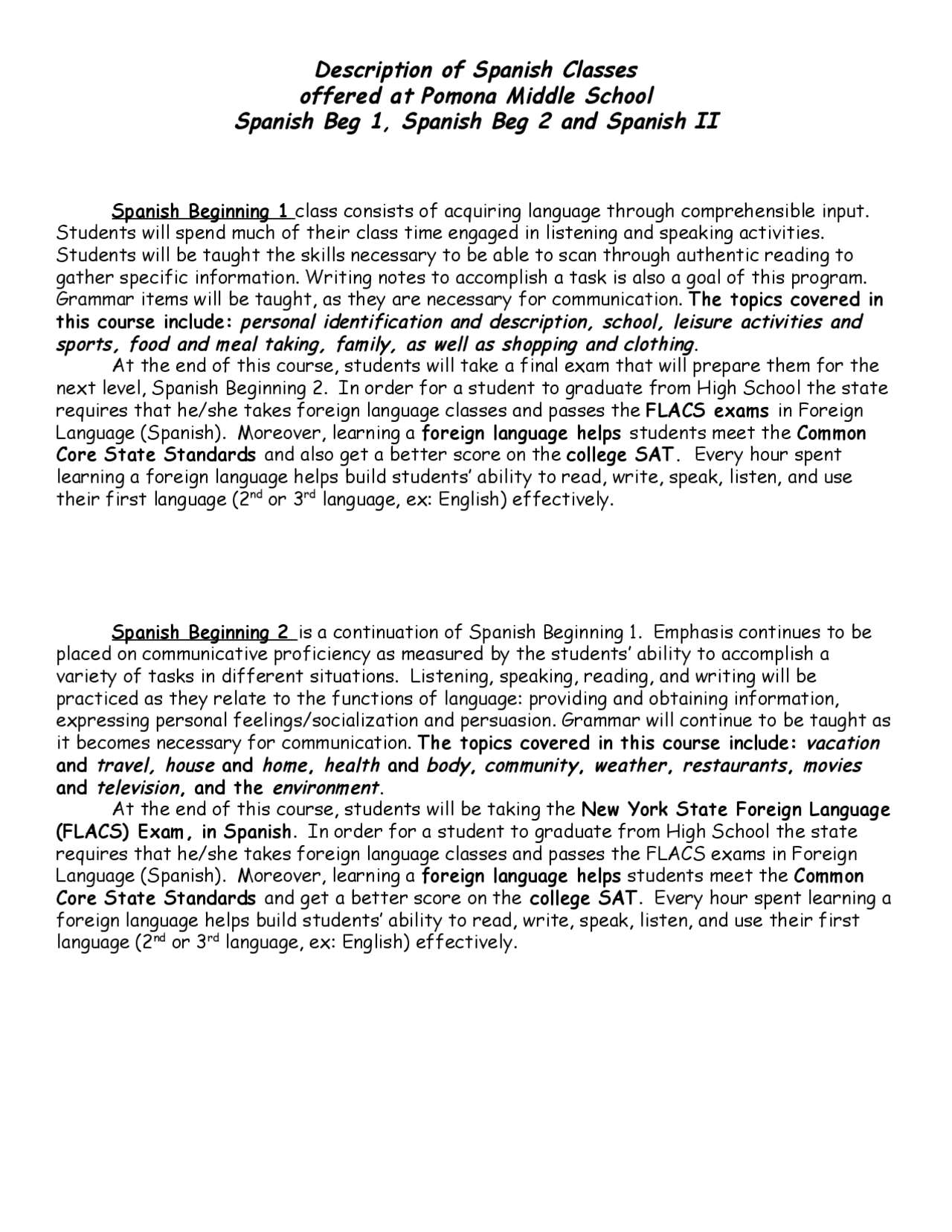 Spanish Language Program at Pomona Middle School: Spanish Beg 1, Beg 2 ...