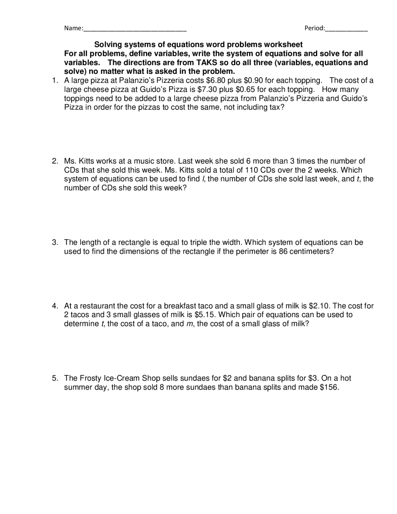 Solving systems of equations word problems worksheet | Schemes and Mind  Maps Electronics | Docsity