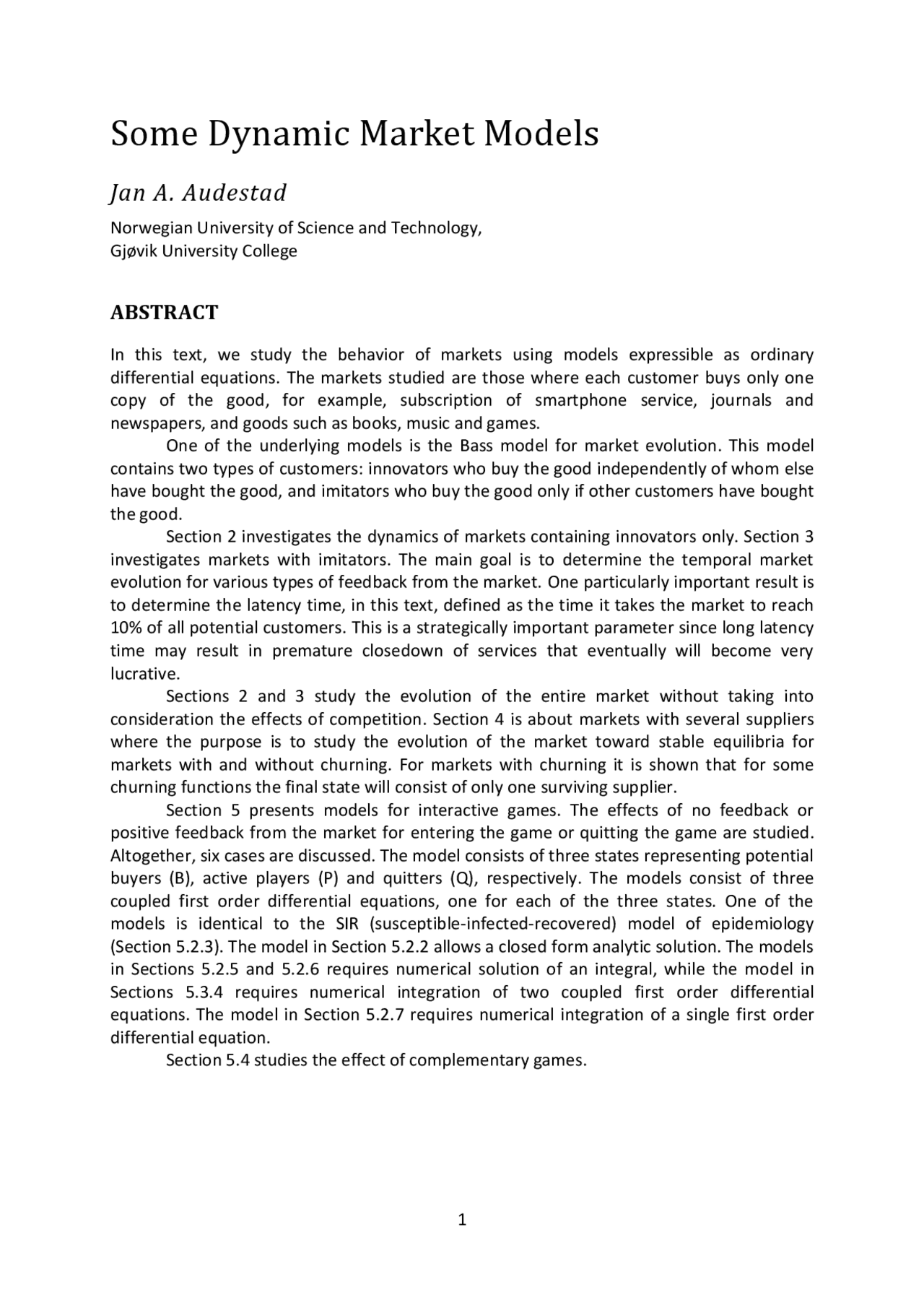 Mod Dynamic Market Some Dynamic Market Models | Lecture notes Differential Equations | Docsity