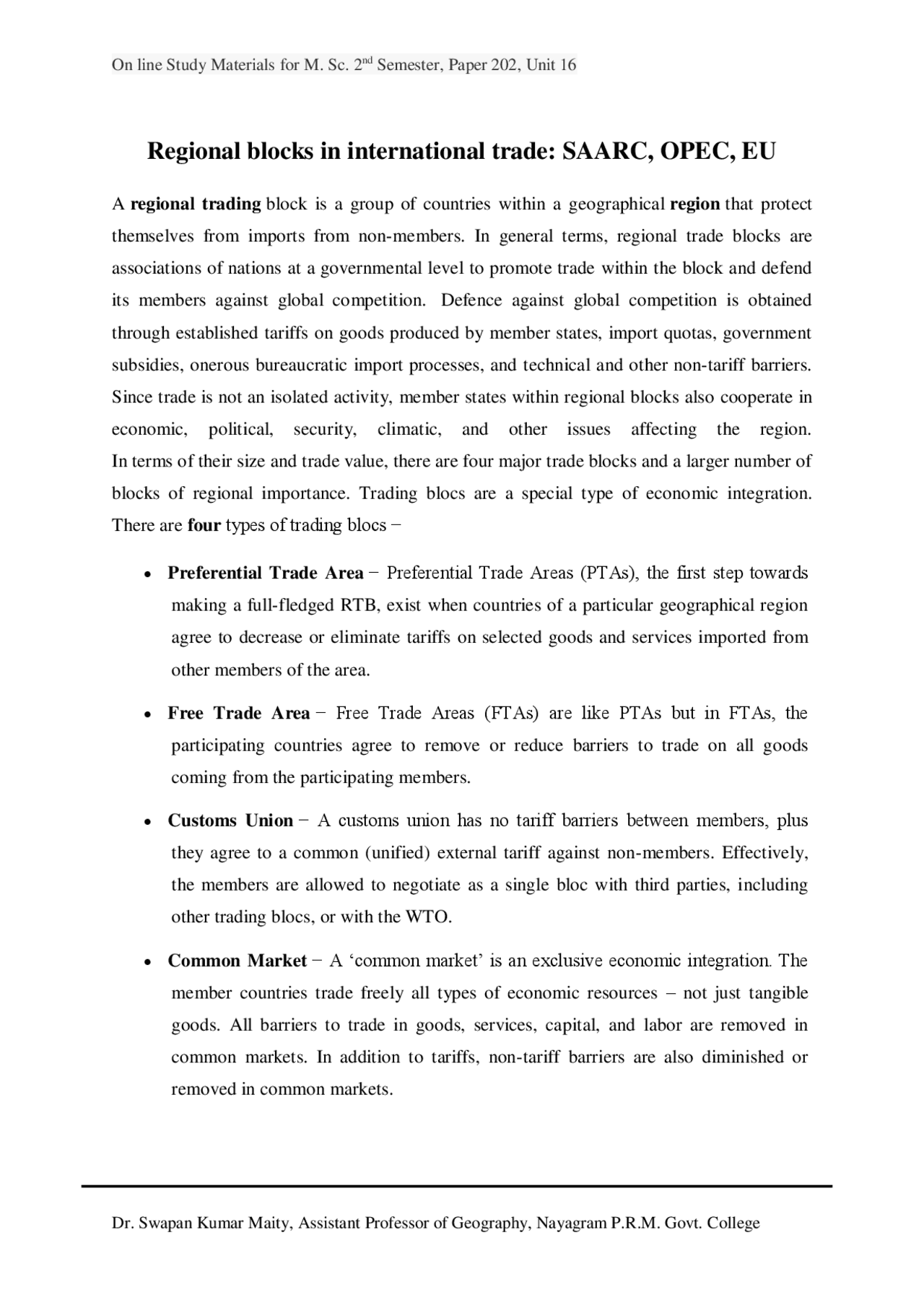 Example Regional Block Note Regional blocks in international trade: SAARC, OPEC, EU | Lecture notes ...