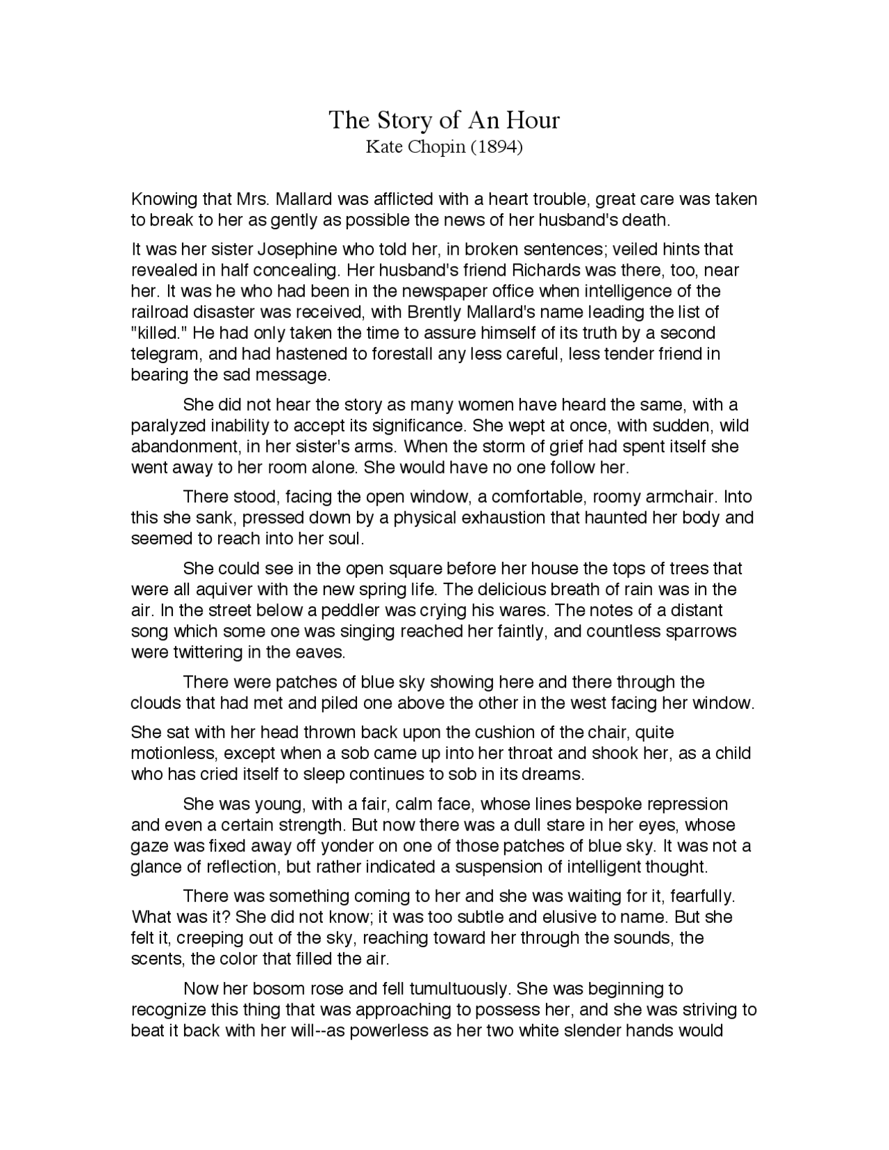 The Story of An Hour Summaries Storytelling Docsity