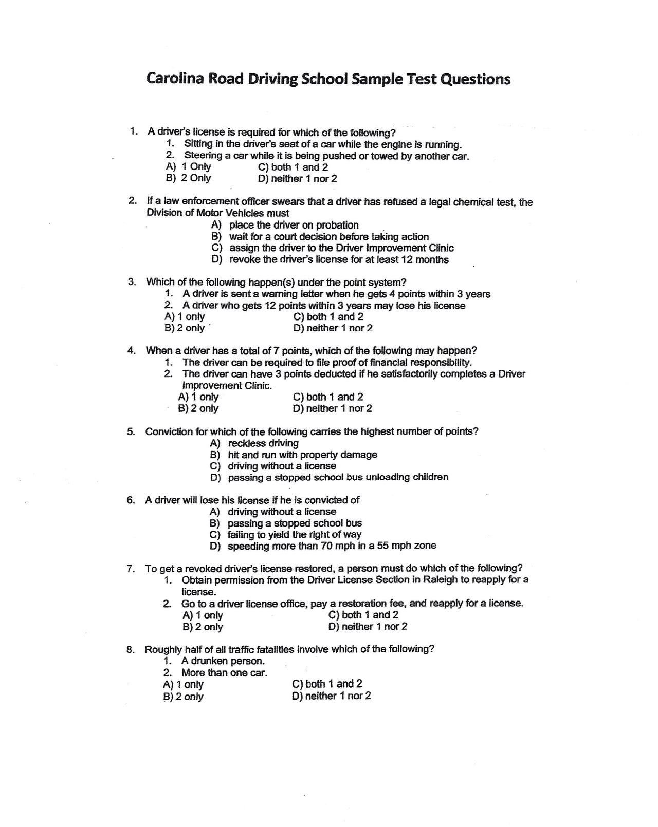 Carolina Road Driving School Sample Test Questions | Slides Law | Docsity