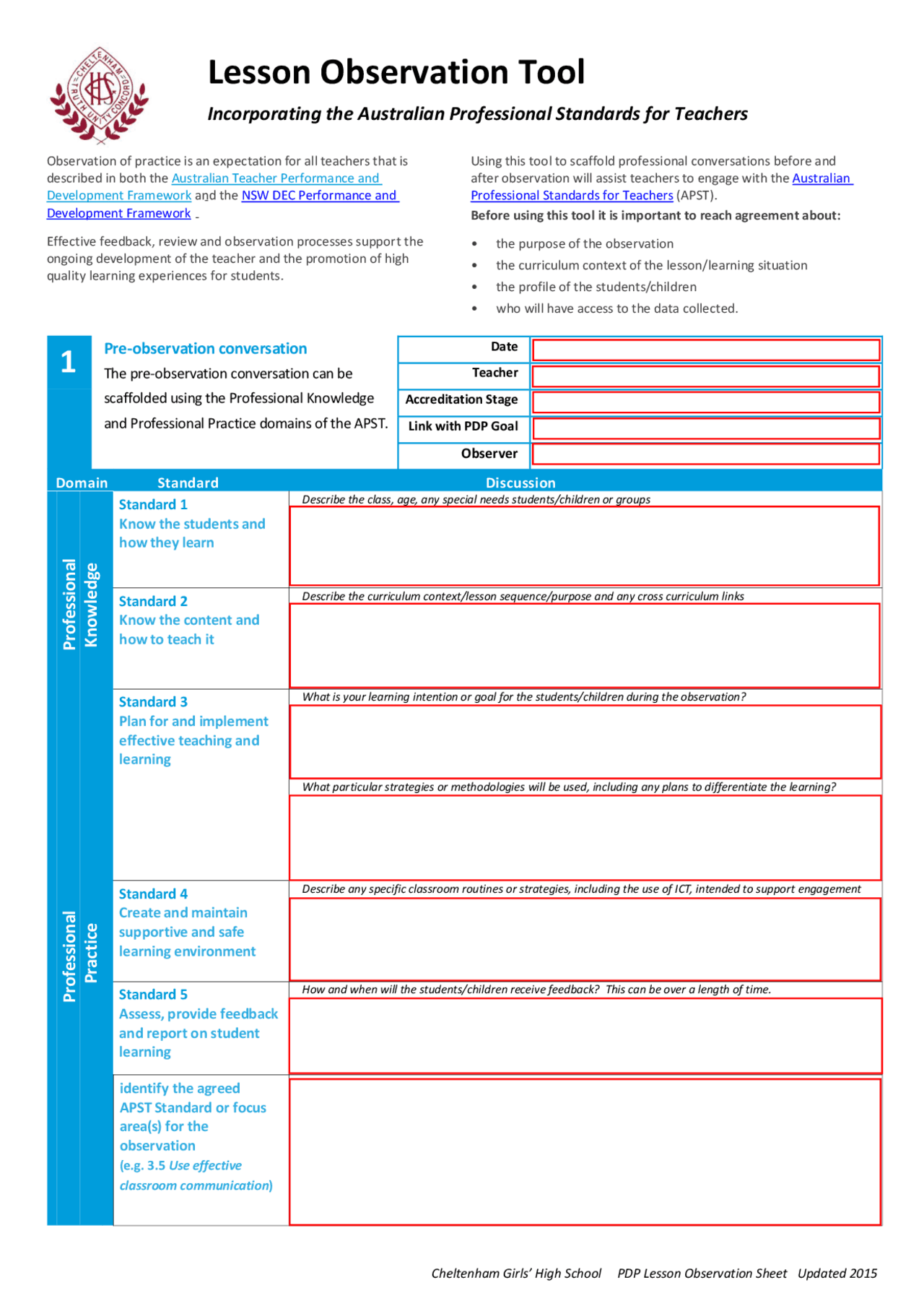 Lesson Observation Tool Lesson Observation Tool | Lecture notes Communication | Docsity