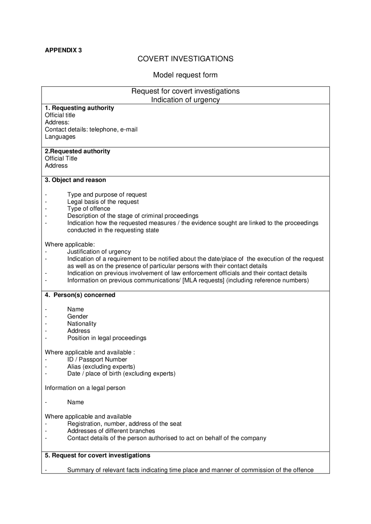 Model Request Form COVERT INVESTIGATIONS Model request form ... | Exercises Law | Docsity