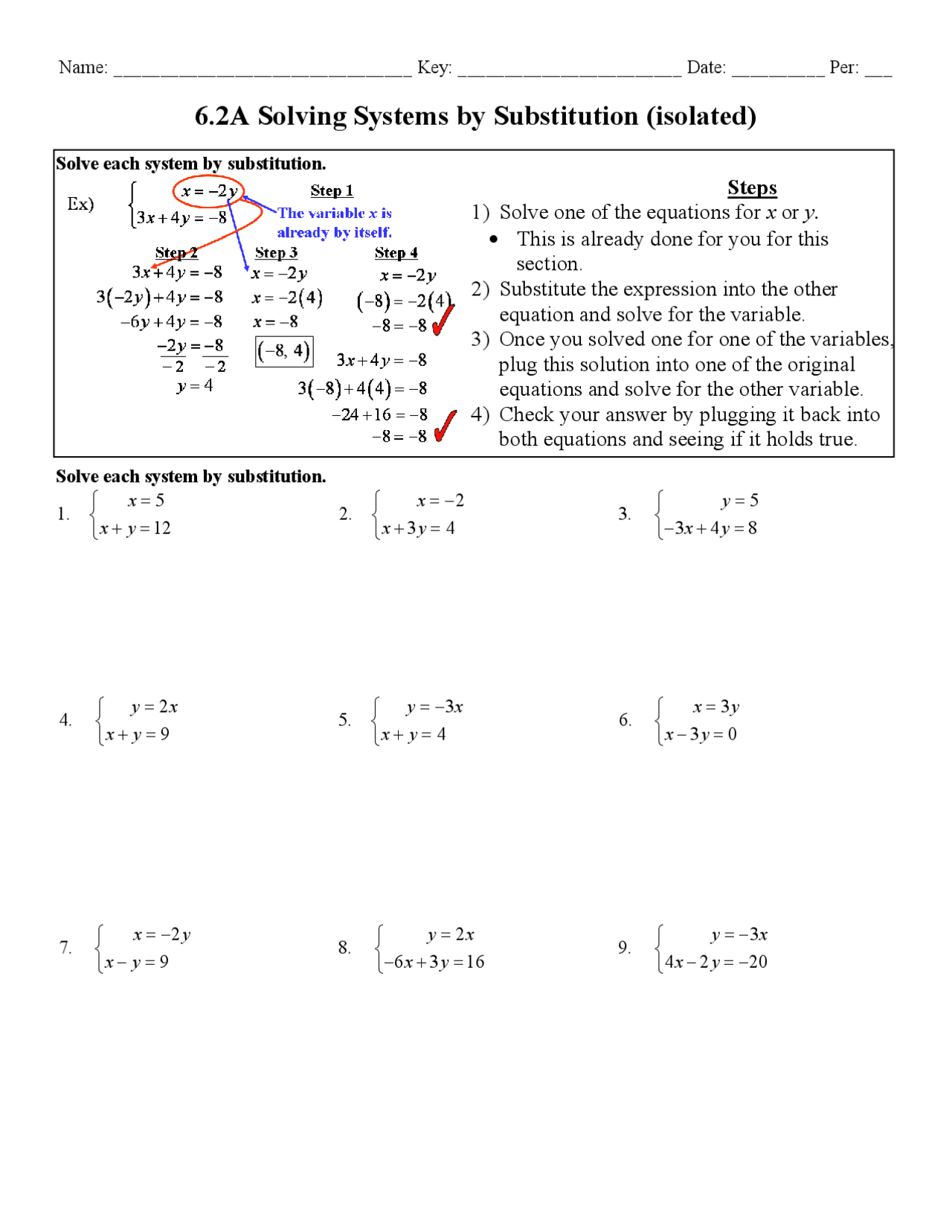 6.2A Solving Systems by Substitution (isolated) | Exams Linear Algebra |  Docsity