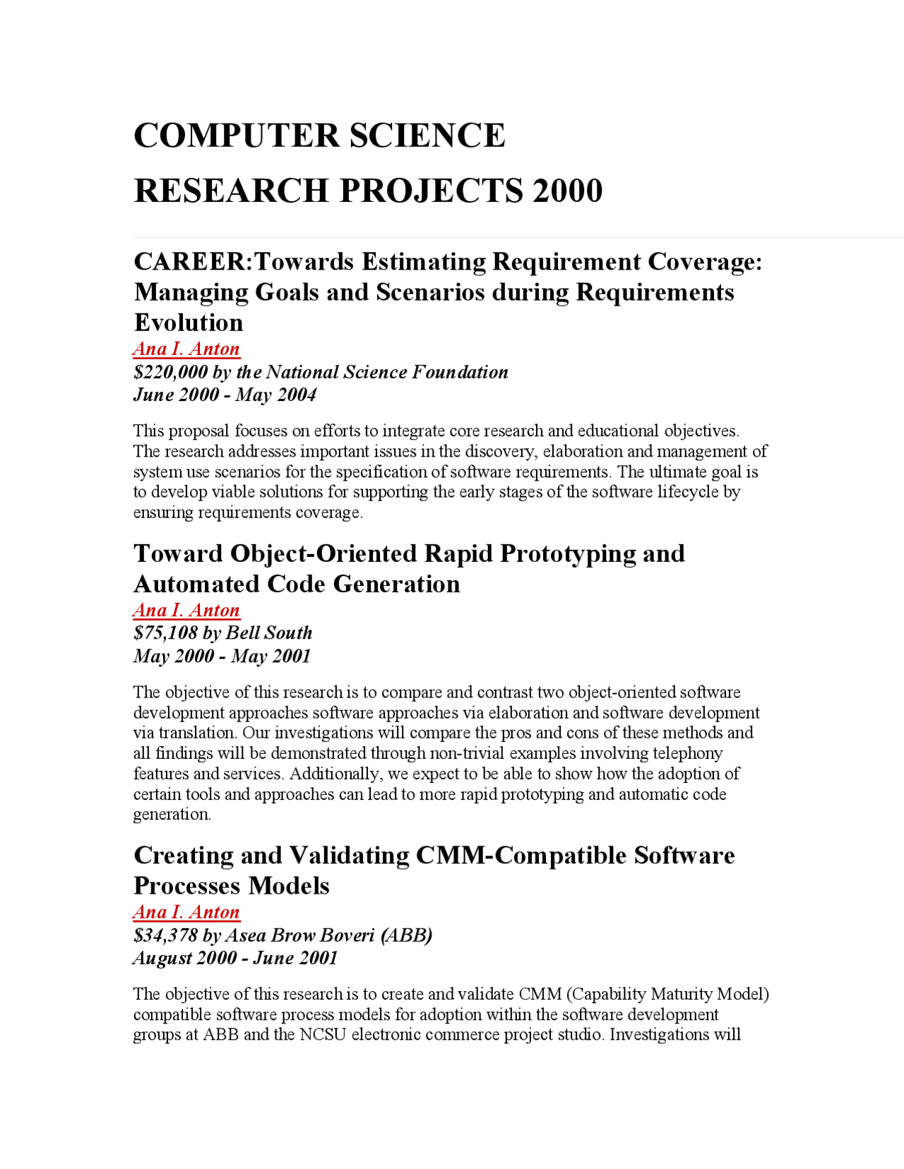 COMPUTER SCIENCE RESEARCH PROJECTS 2000 | Lecture notes Computer ...