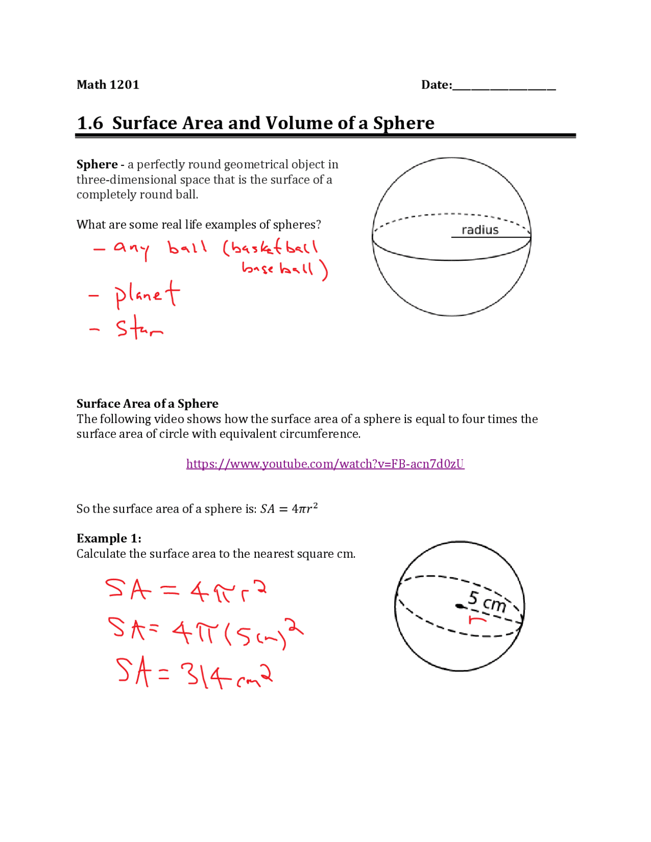 1.6 Surface Area and Volume of a Sphere | Study notes Analytical ...