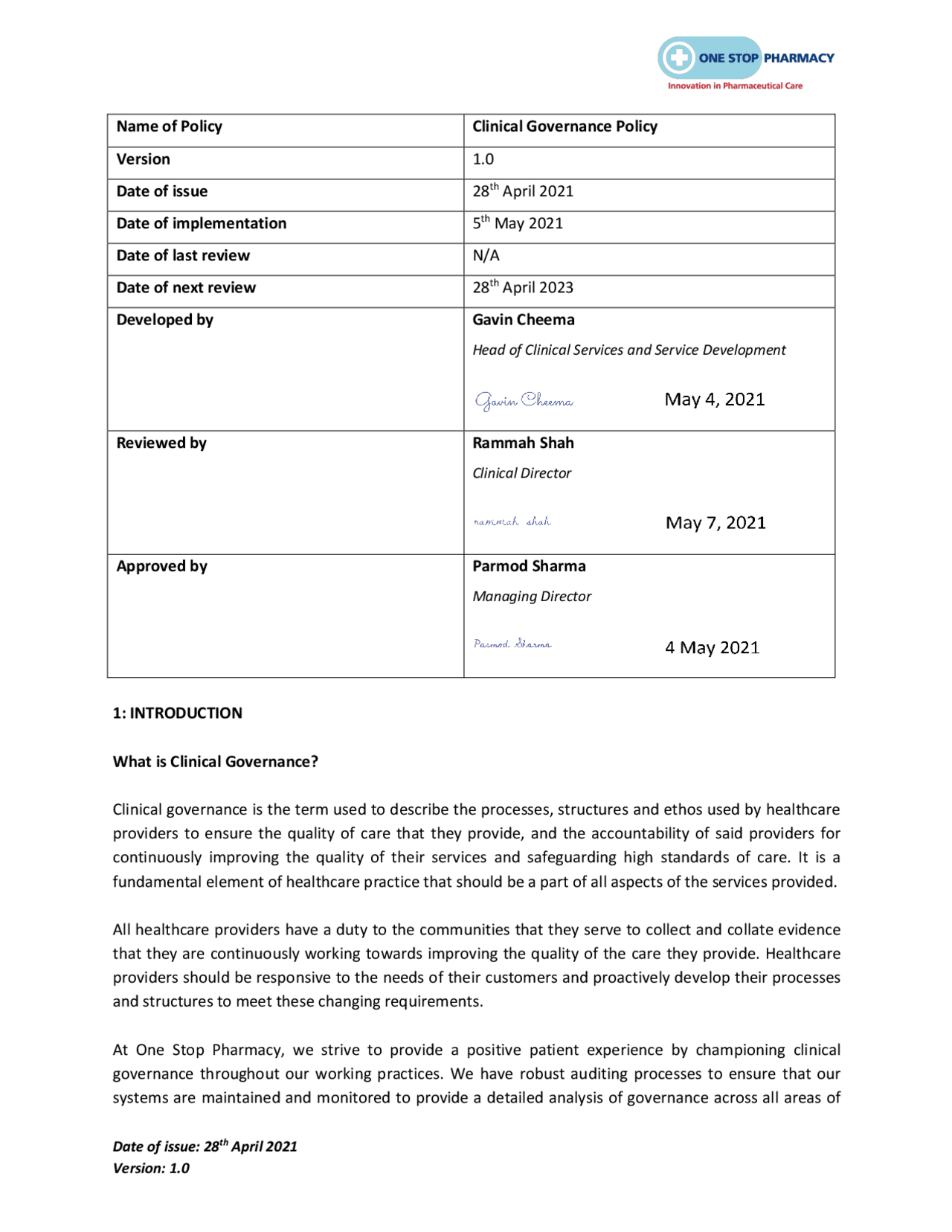 Clinical Governance Policy: Ensuring Quality Care at One Stop Pharmacy ...