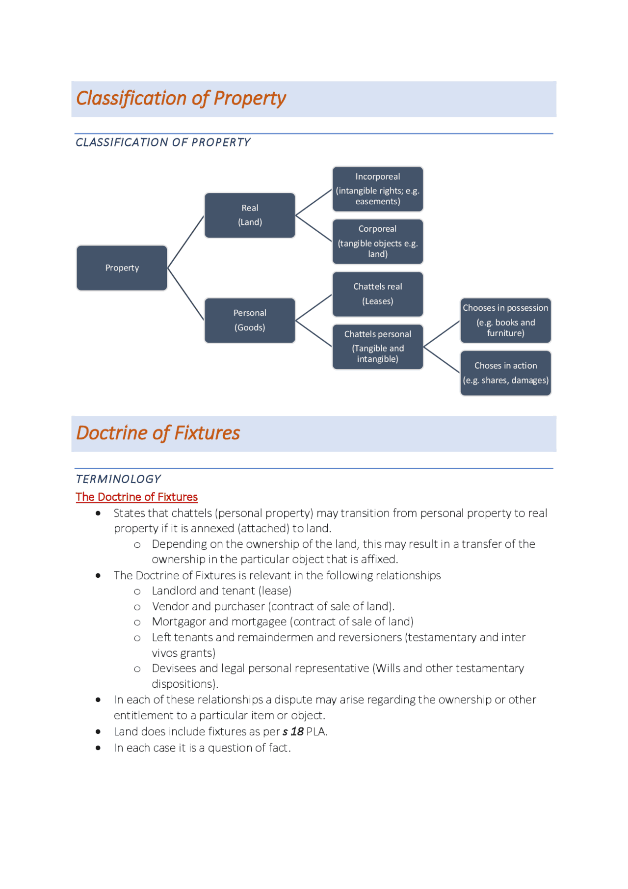 Property Classification Sheets Classification of Property Doctrine of Fixtures | Exercises Law | Docsity