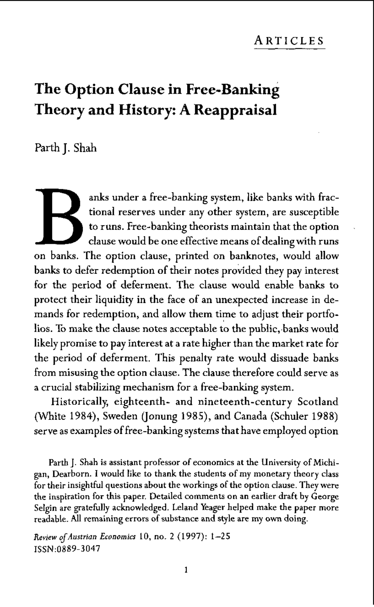 The Option Clause: A Free-Banking System's Solution to Bank Runs ...