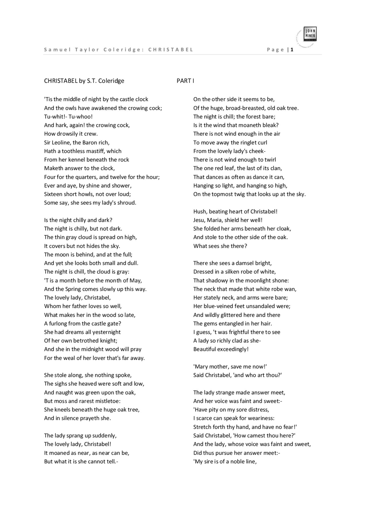 1 CHRISTABEL by ST Coleridge PART I Resúmenes Música Docsity