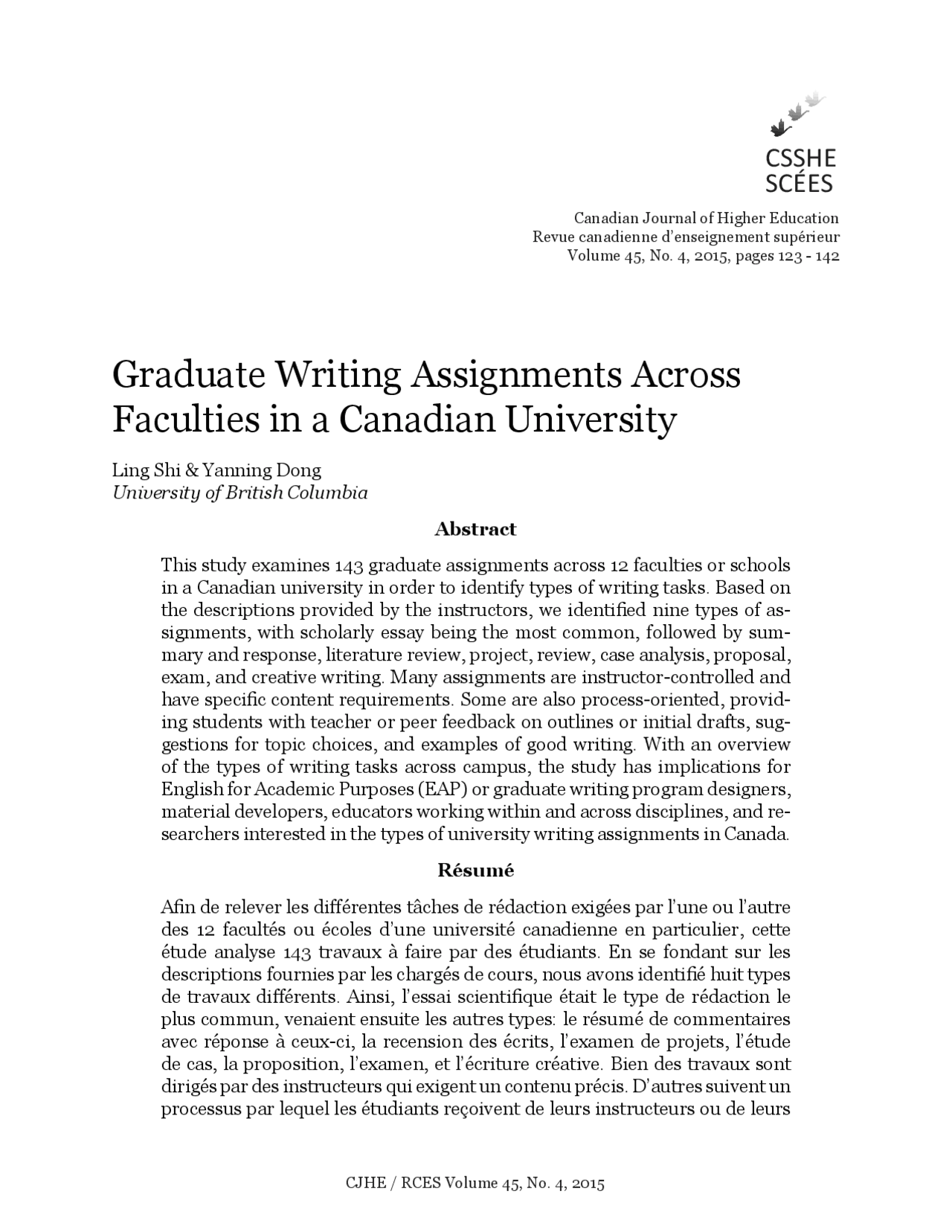 Graduate Writing Assignments Across Faculties in a Canadian ... | Study ...