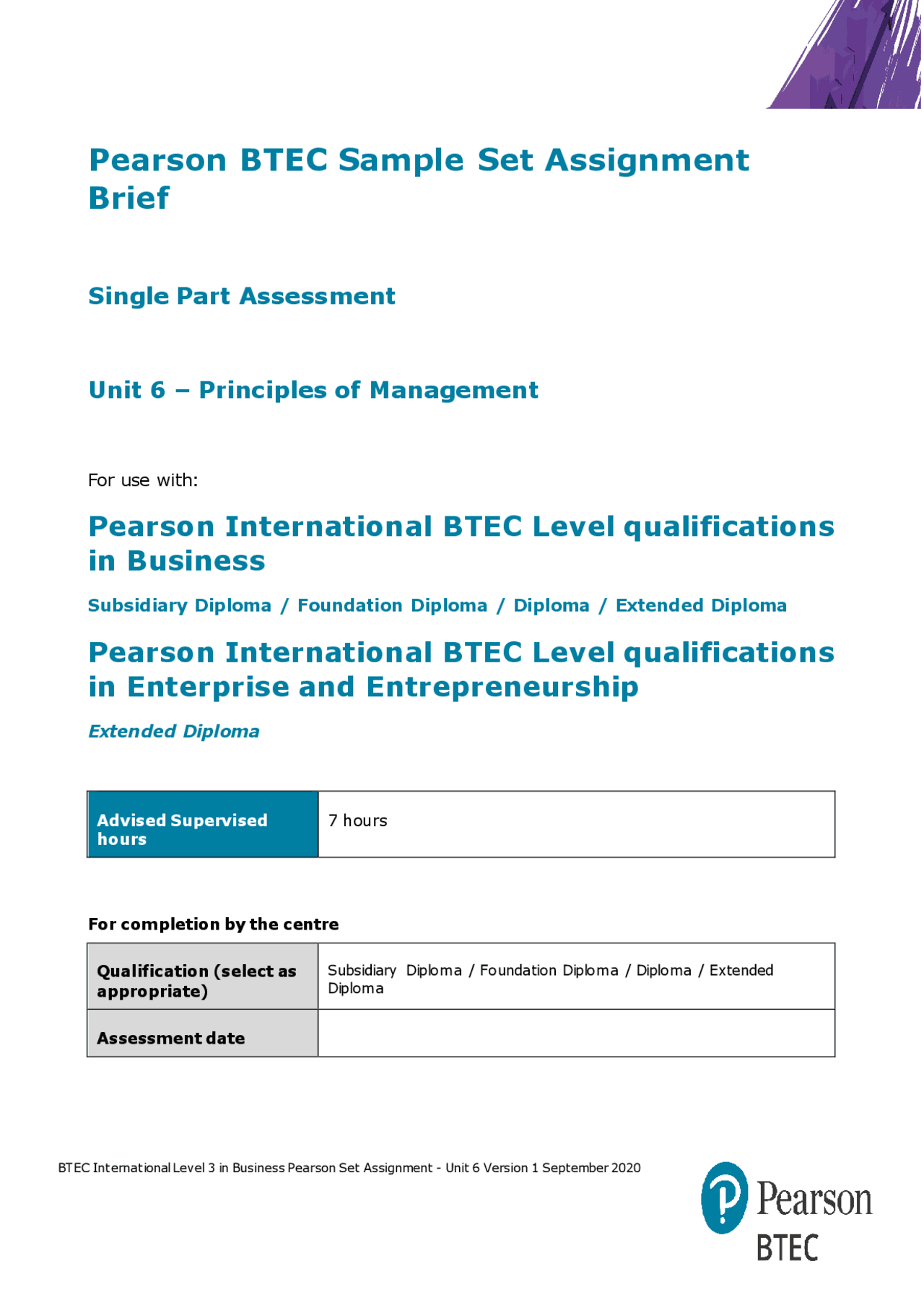 Pearson Example Homework Pearson BTEC Sample Set Assignment Brief | Study notes Business | Docsity