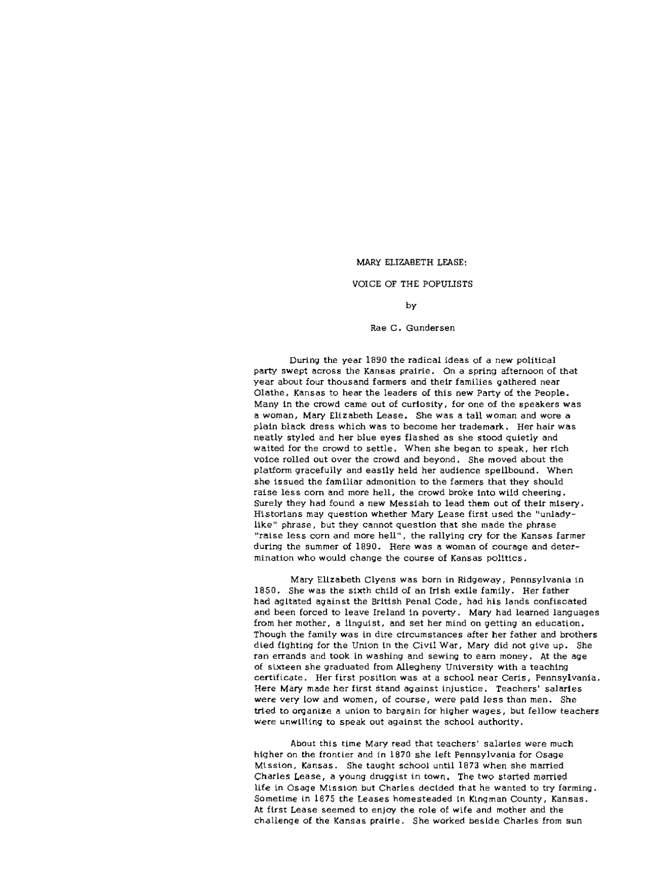 Mary Elizabeth Lease: Populist Voice - Women's Rights & Political ...