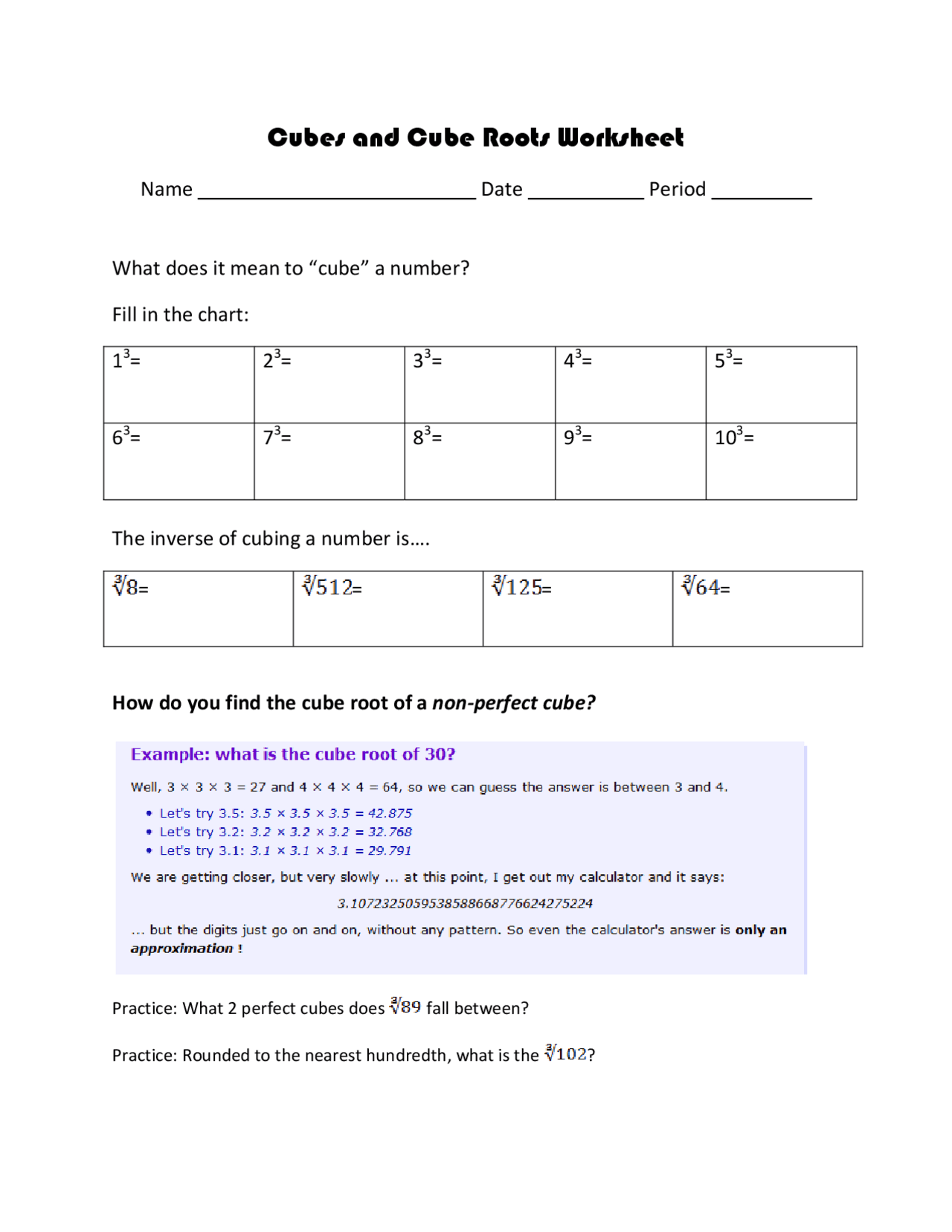 Cubes and Cube Roots Worksheet | Study notes Elementary Mathematics ...