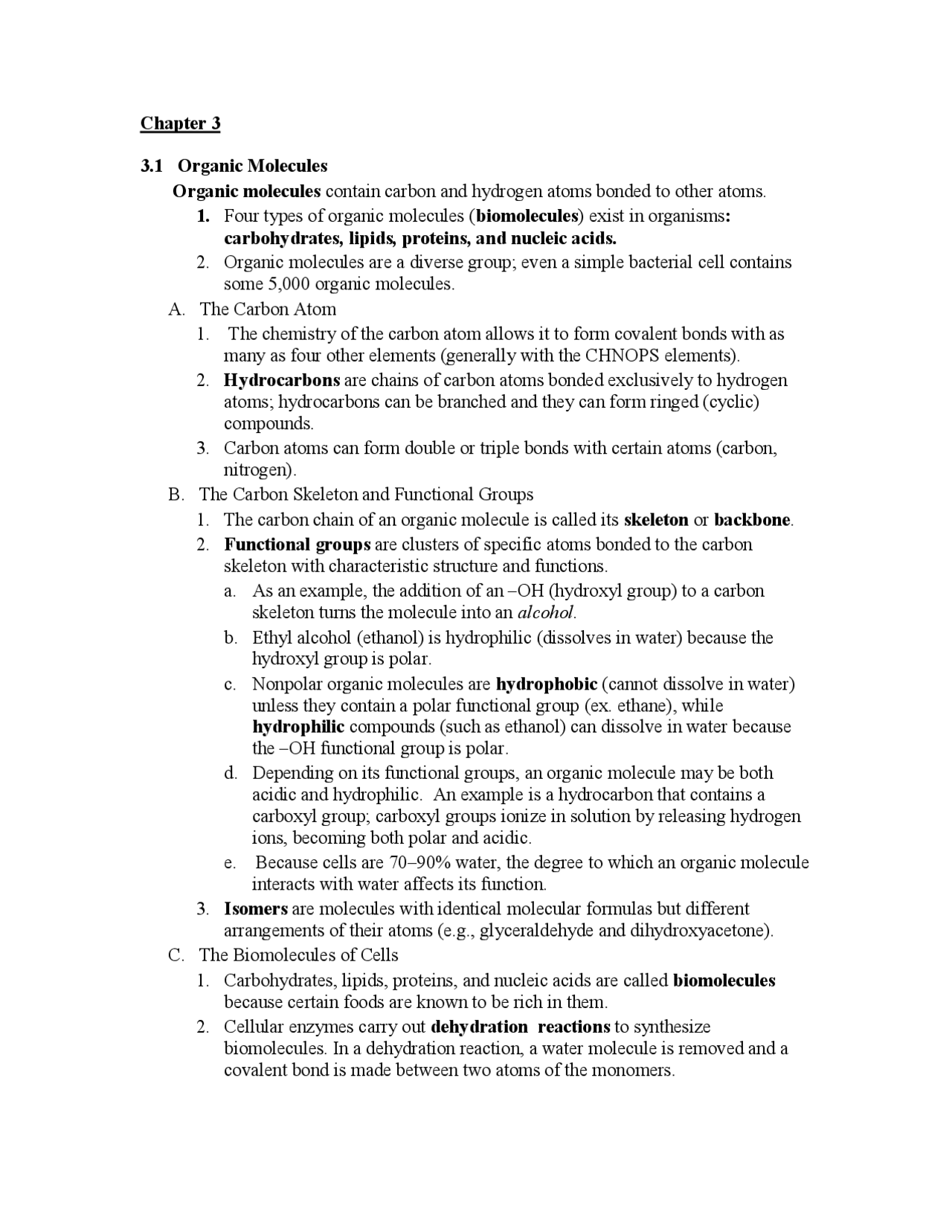 Chapter 3 3.1 Organic Molecules | Study notes Chemistry | Docsity