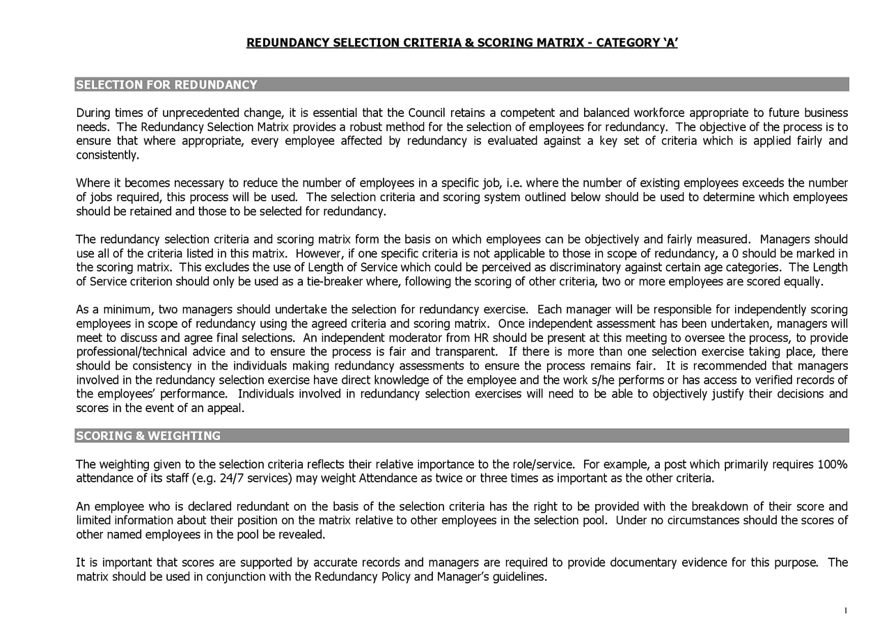 REDUNDANCY SELECTION CRITERIA & SCORING MATRIX | Lecture notes Business ...