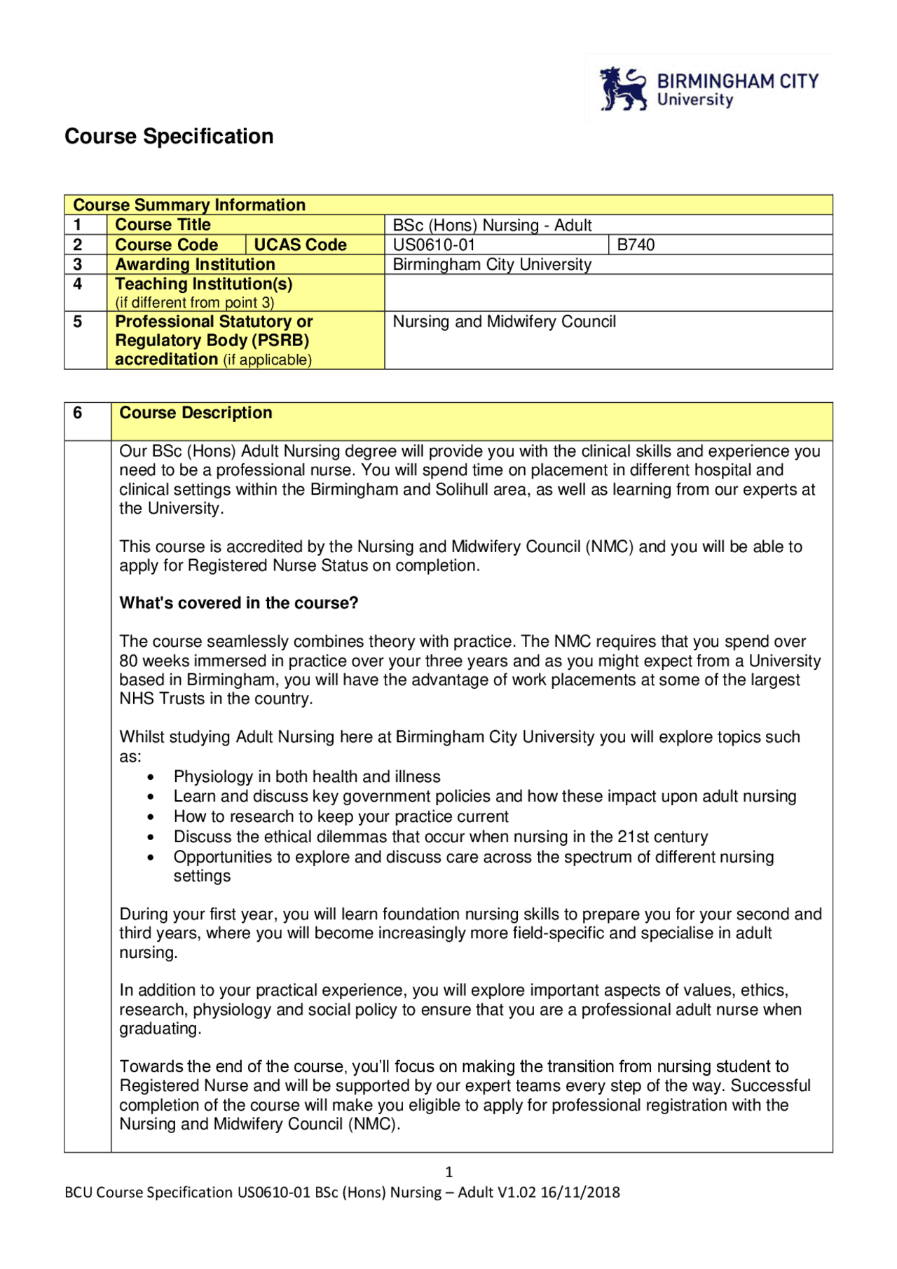 Course Specification | Summaries Nursing - Docsity