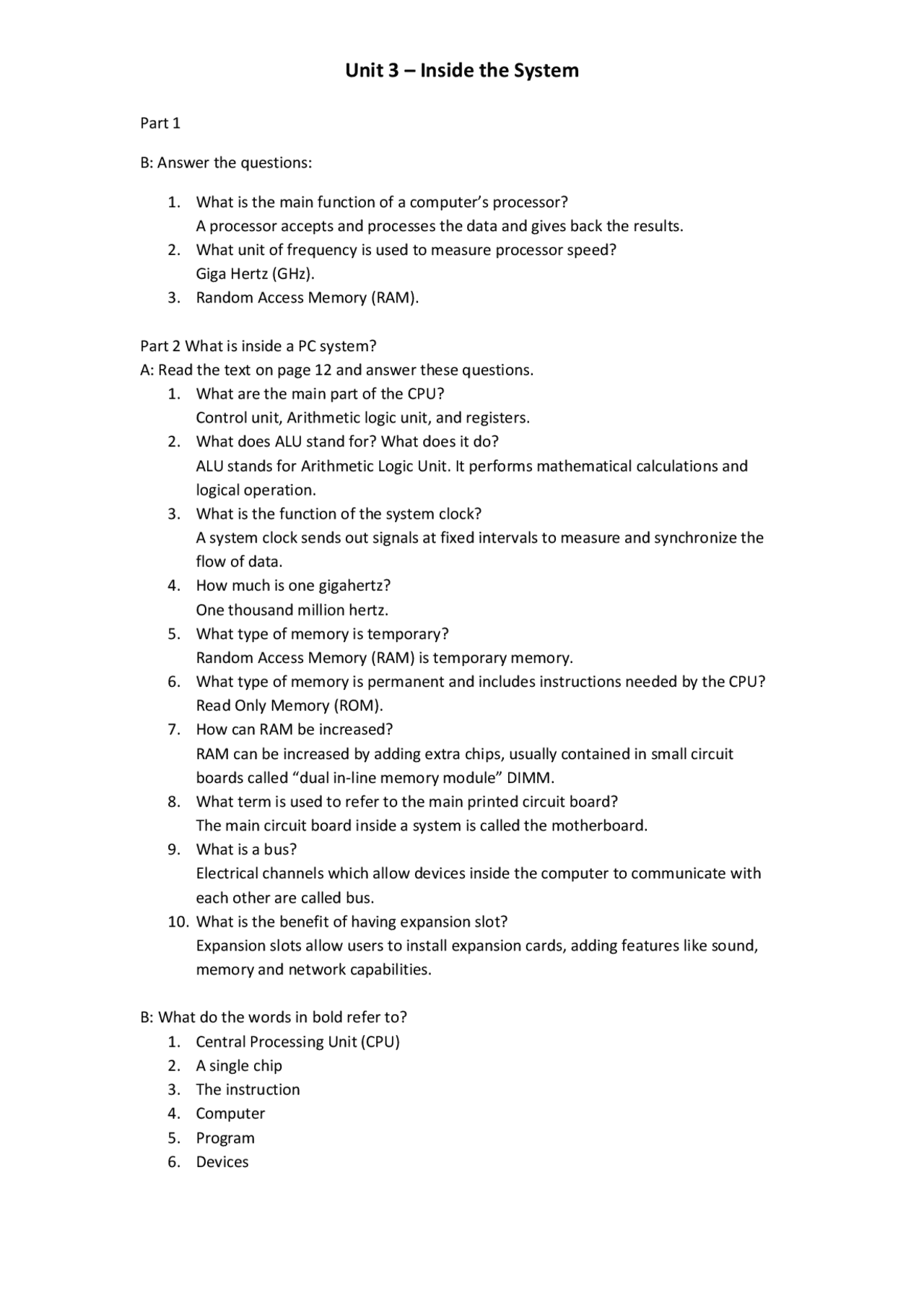 Unit 3 – Inside the System | Exams Computer science | Docsity