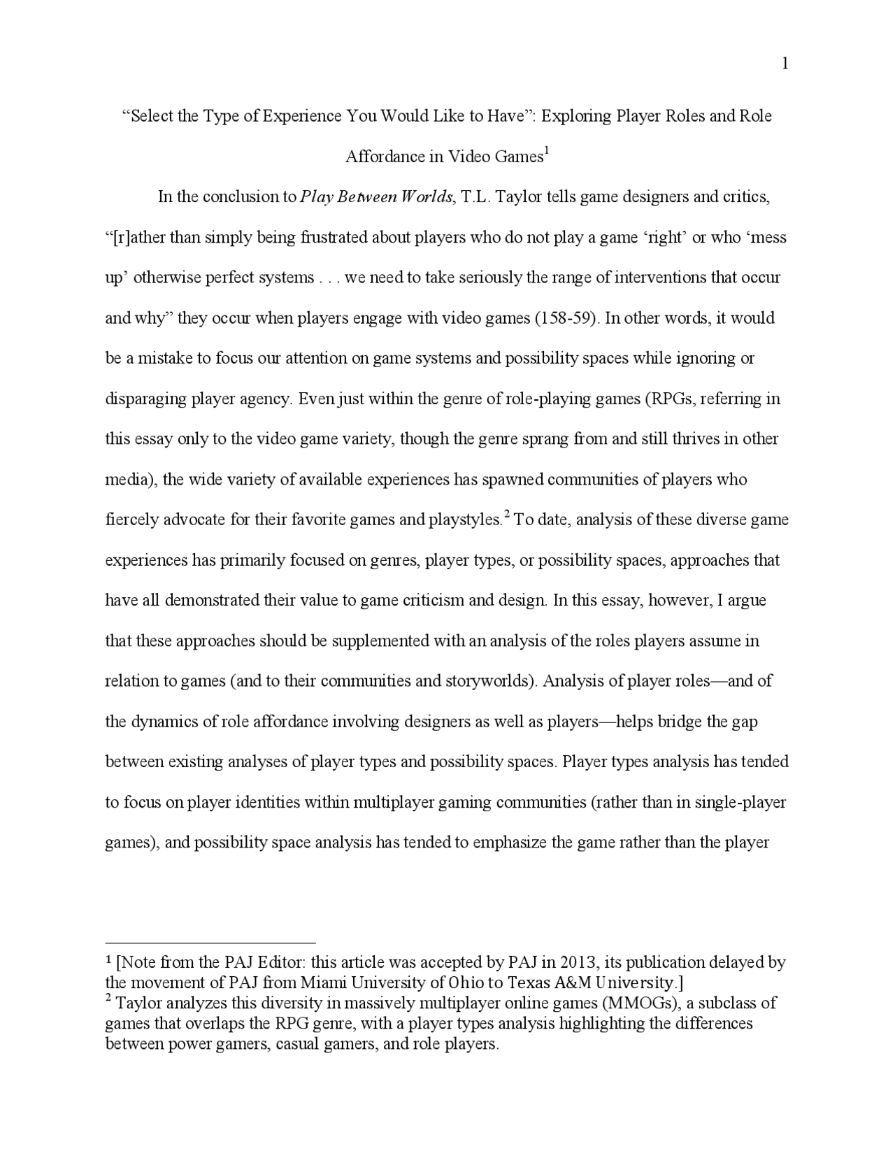 Player Roles in Video Games: Bridging the Gap between Player Types and ...