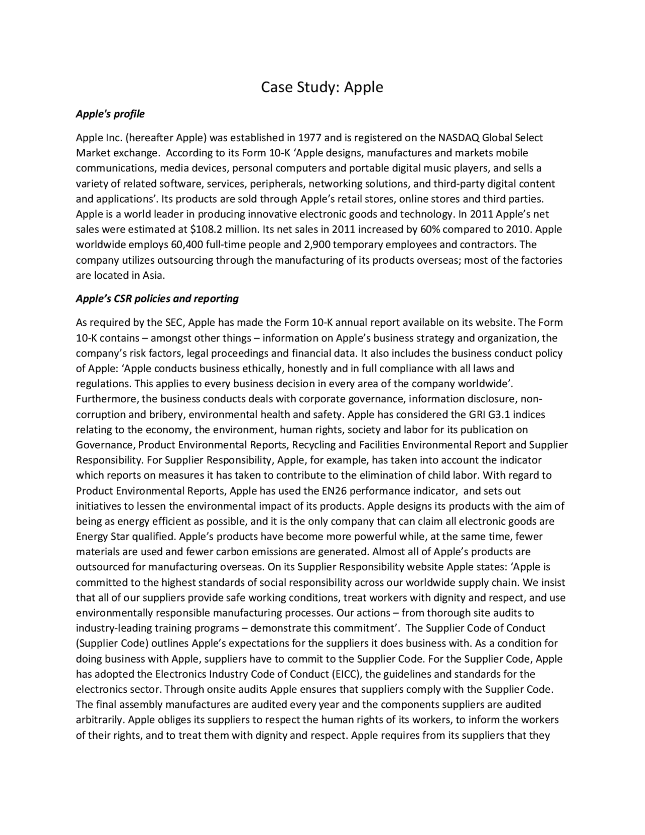 Case Study: Apple | Lecture notes Business | Docsity