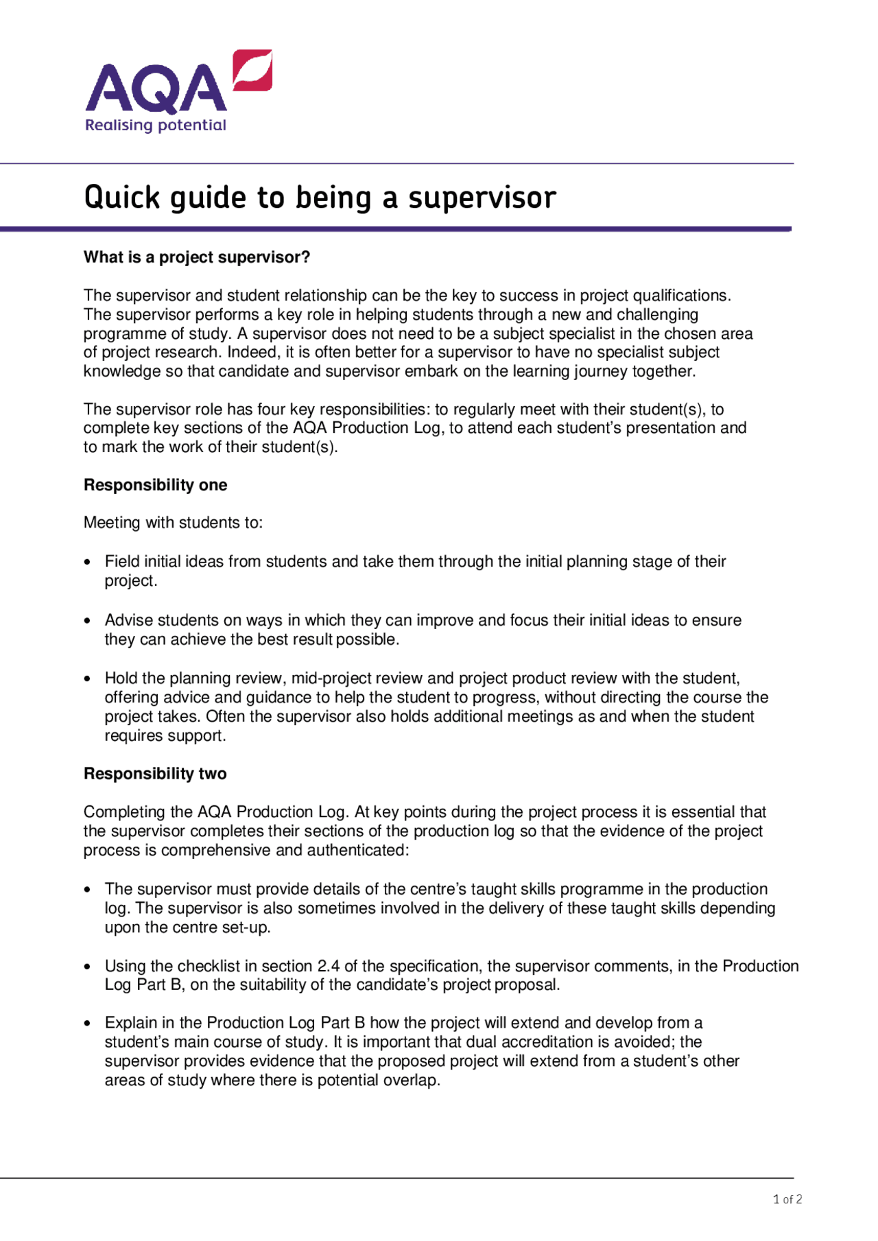EPQ Teacher Guide Quick guide to being a Supervisor | Lecture notes ...