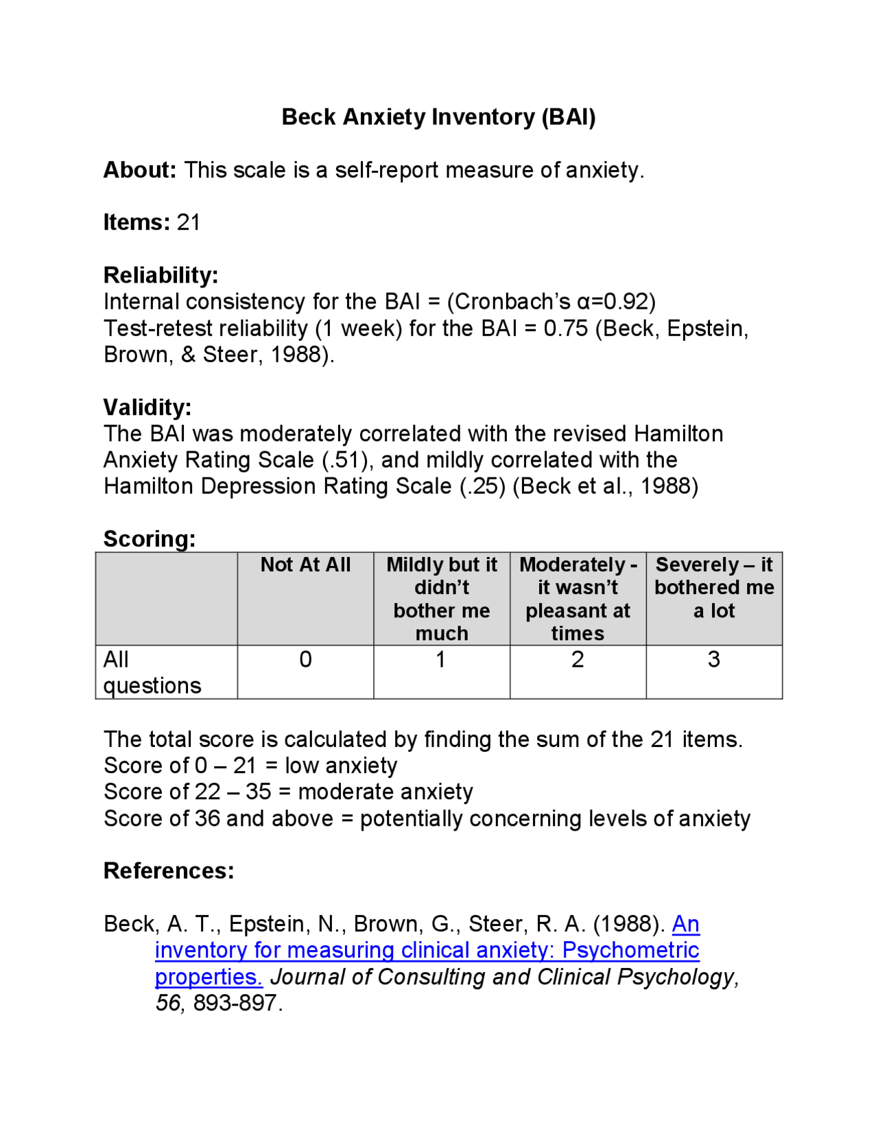 Beck Anxiety Inventory (BAI) | Lecture notes Clinical Psychology | Docsity