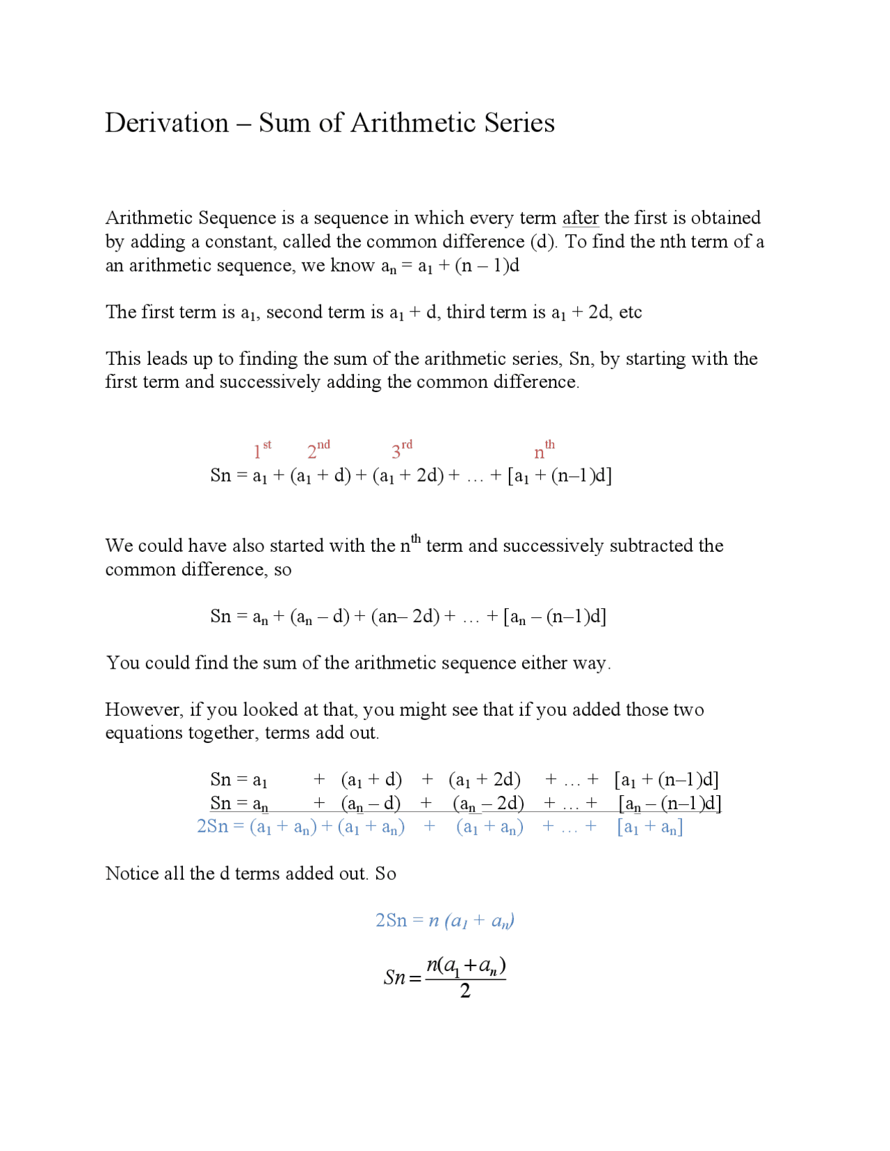 Explanation Of The Derivation Of The Formula For The Sum Of An